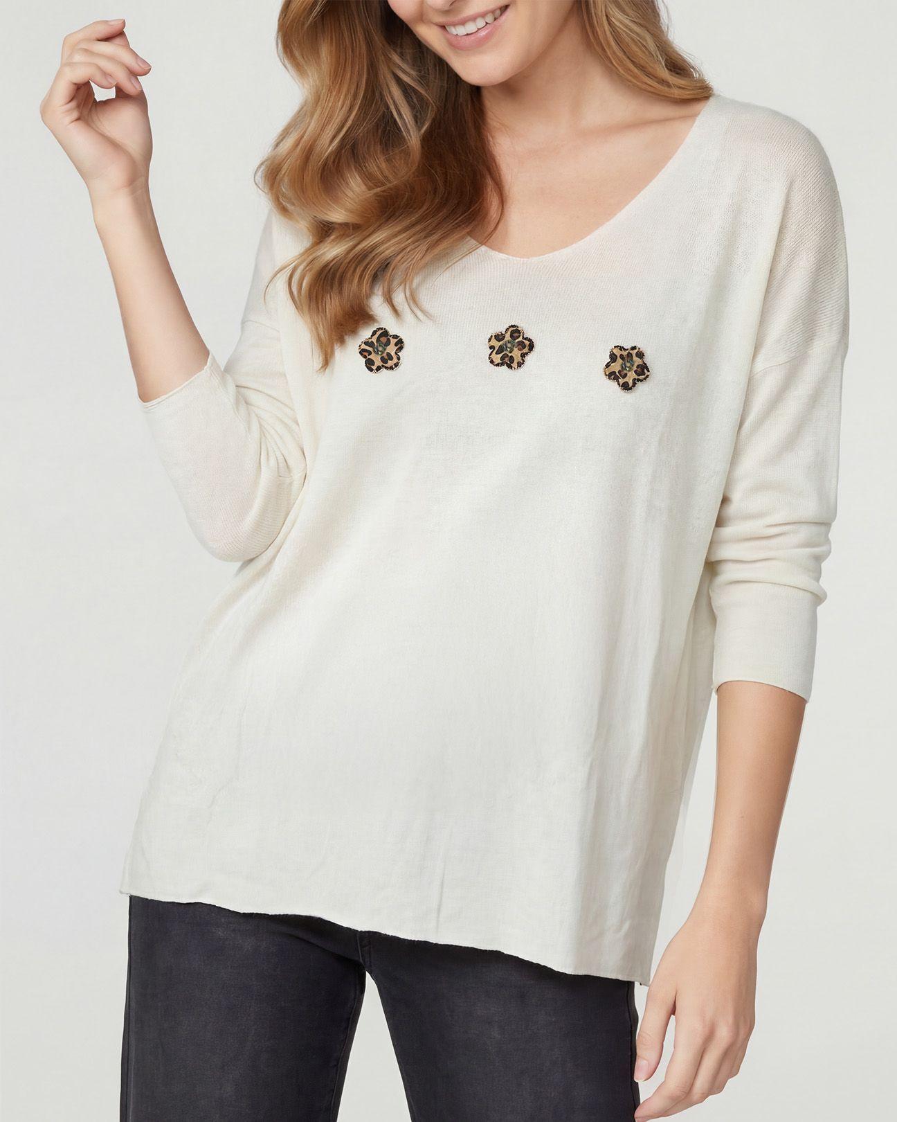 Sweater Mujer Elena Relaxed Cuello Redondo Manga Caída Crudo Lineatre-2