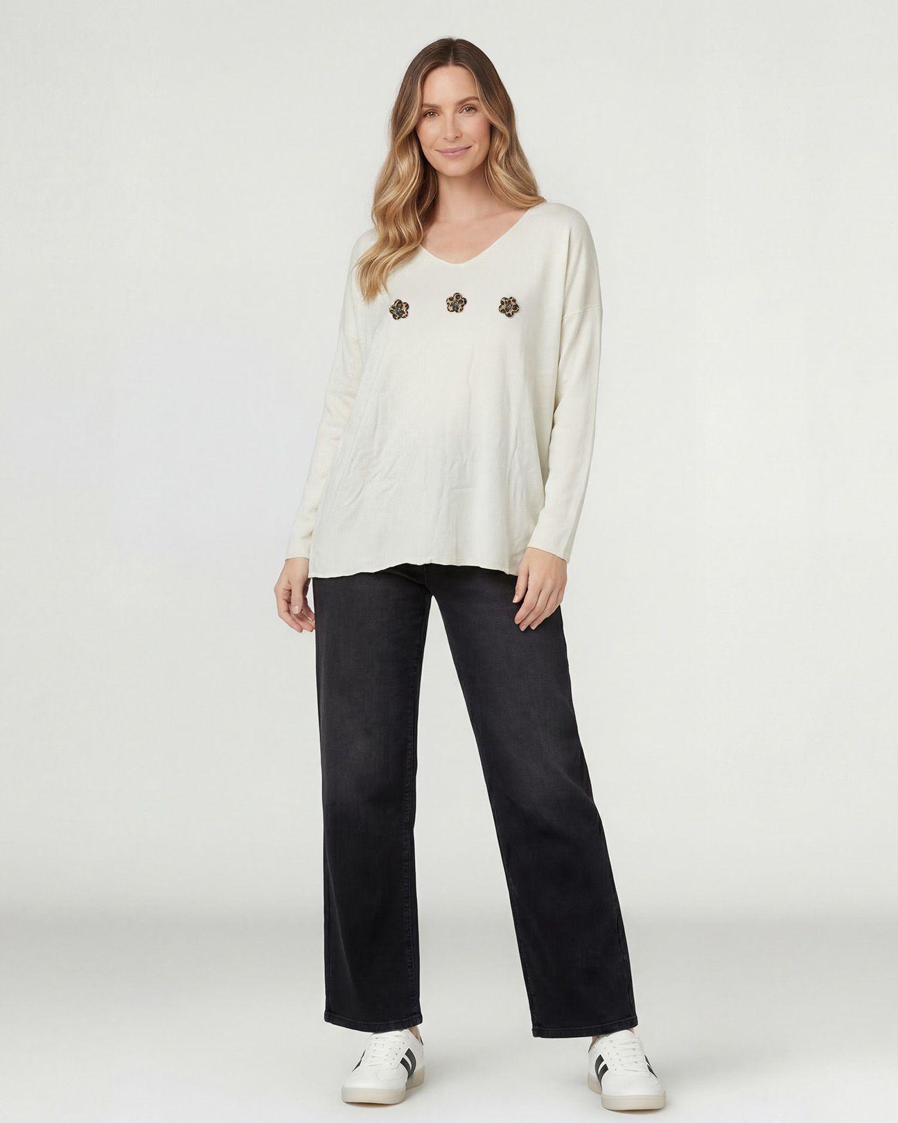 Sweater Mujer Elena Relaxed Cuello Redondo Manga Caída Crudo Lineatre-3