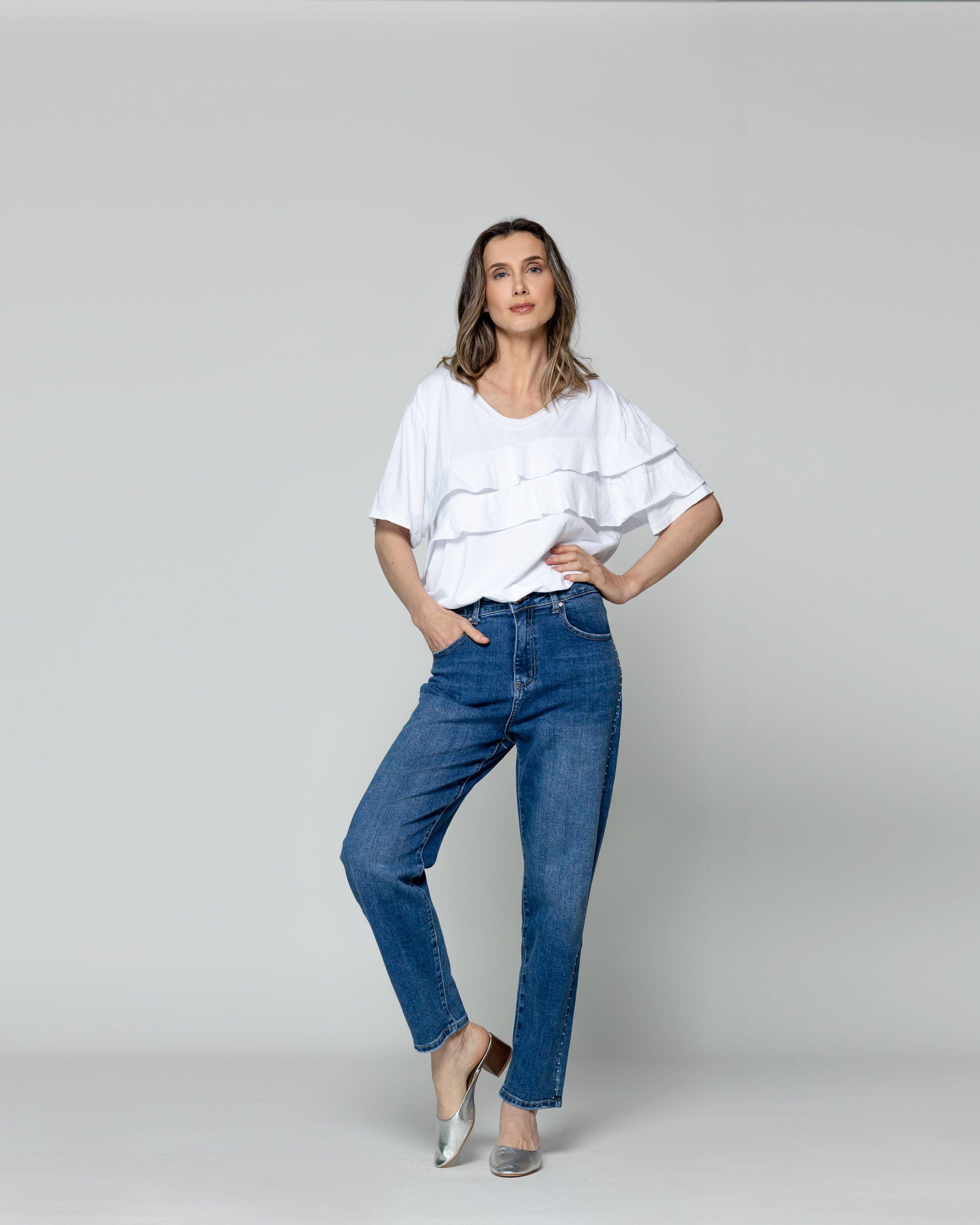 Jeans Mujer Jolanda Calce Regular Con Tachas Azul Lineatre-0
