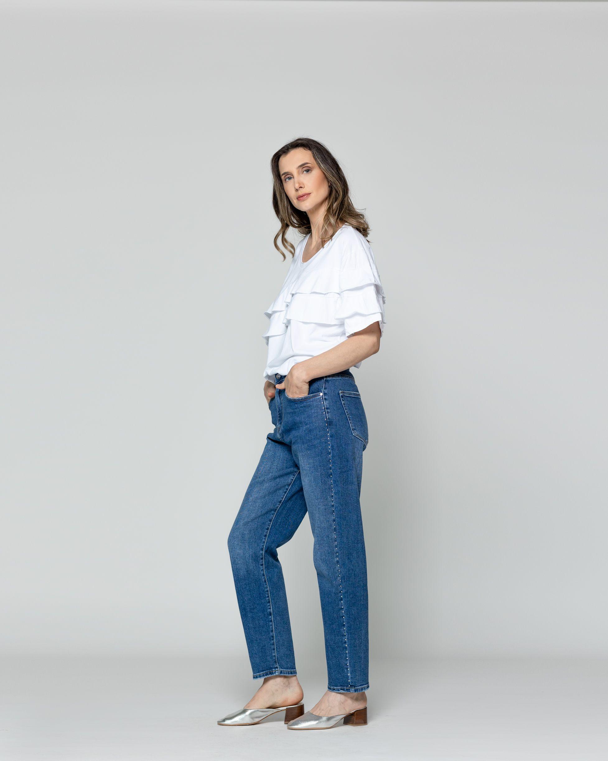 Jeans Mujer Jolanda Calce Regular Con Tachas Azul Lineatre-2