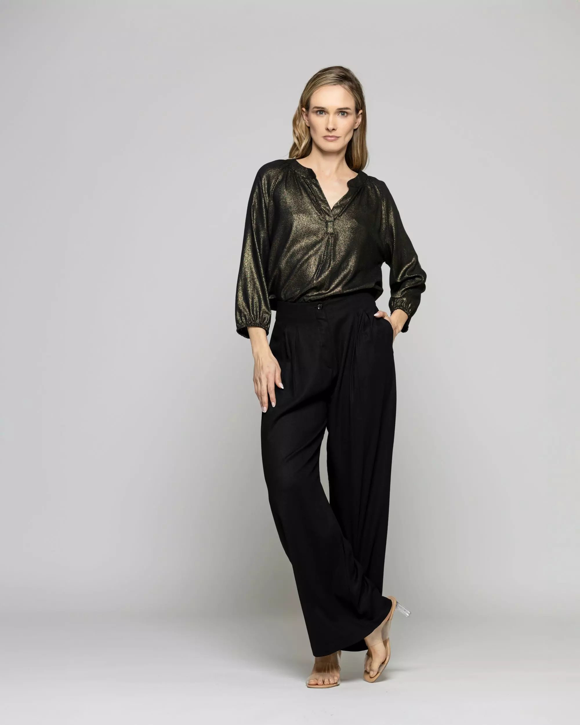 Blusa Mujer Camelia Viscosa Escote V Manga Larga Metalizada Ludovica-2