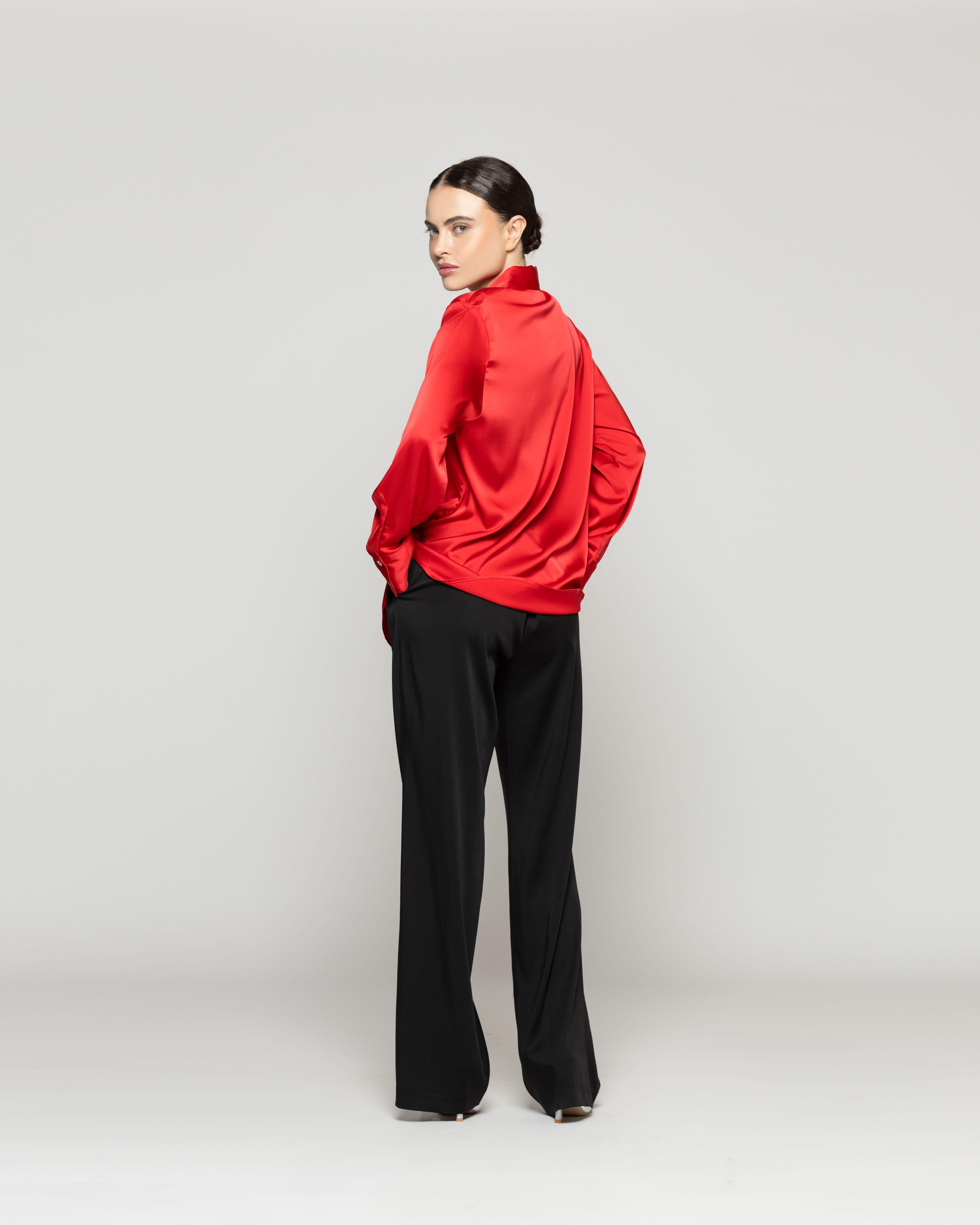 Blusa Mujer Barbarella Tipo Satín Manga Larga Roja Lineatre-2