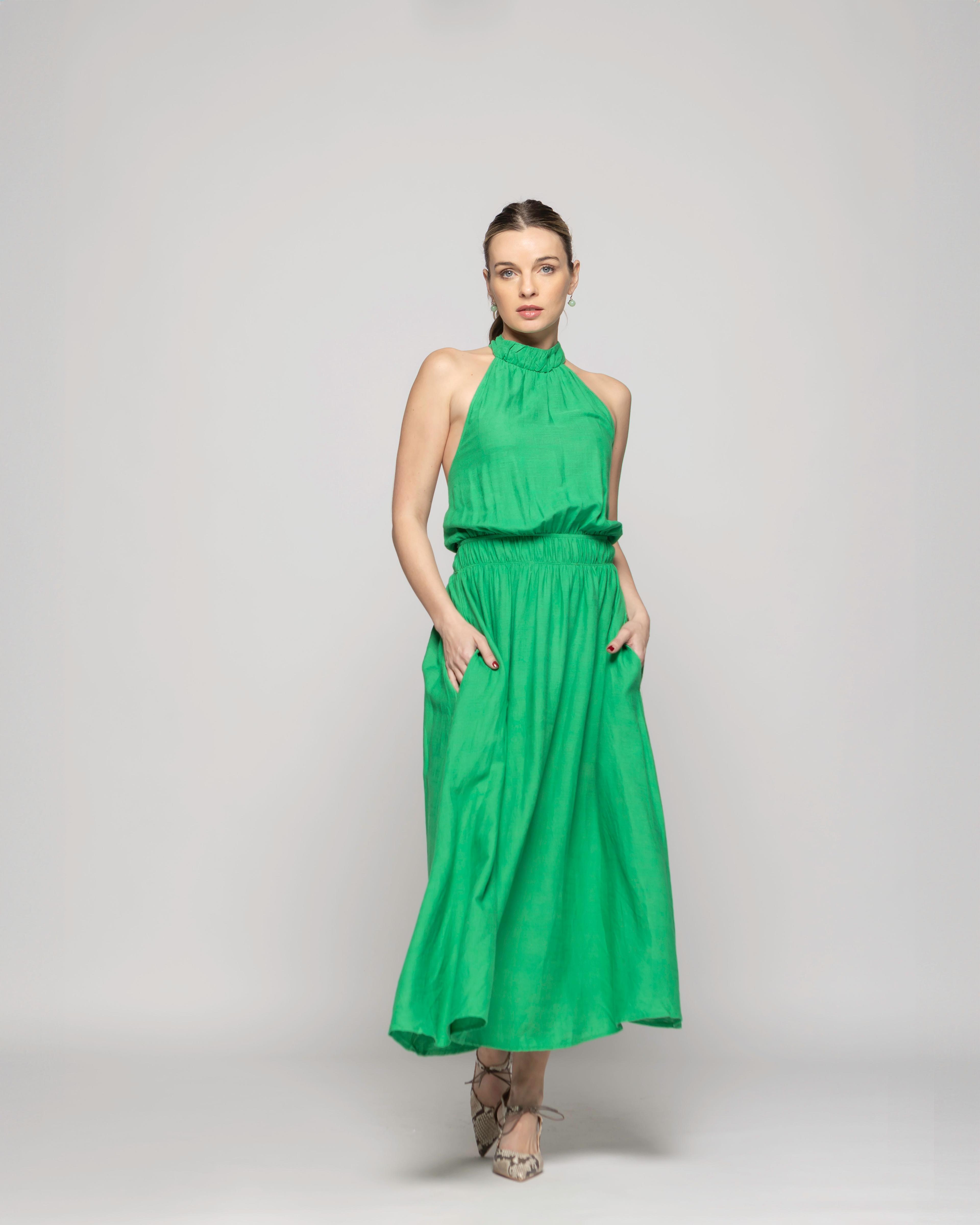 Vestido Mujer Gerbera Largo Escote Halter Cintura Ajustada Verde Ludovica-0
