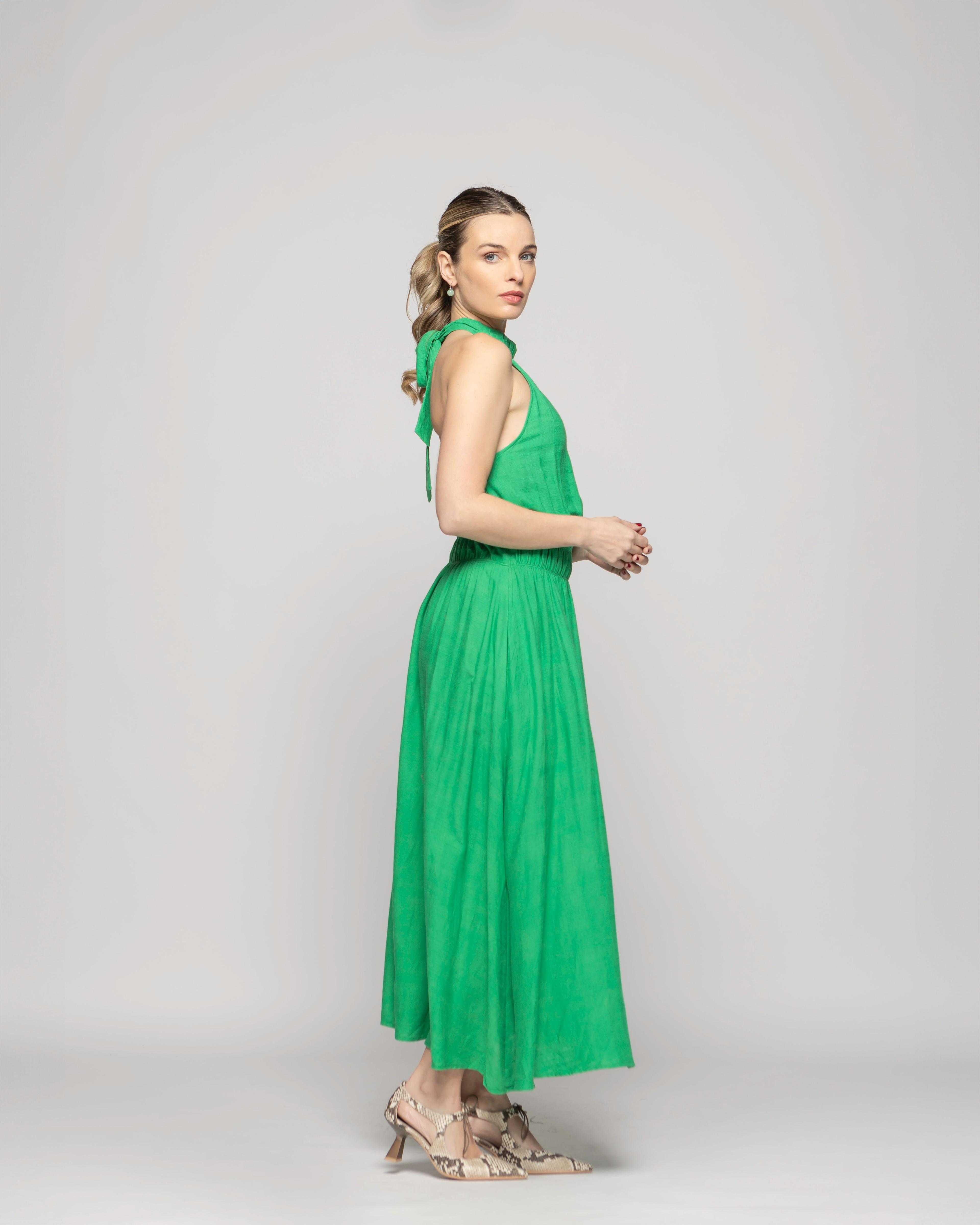 Vestido Mujer Gerbera Largo Escote Halter Cintura Ajustada Verde Ludovica-3