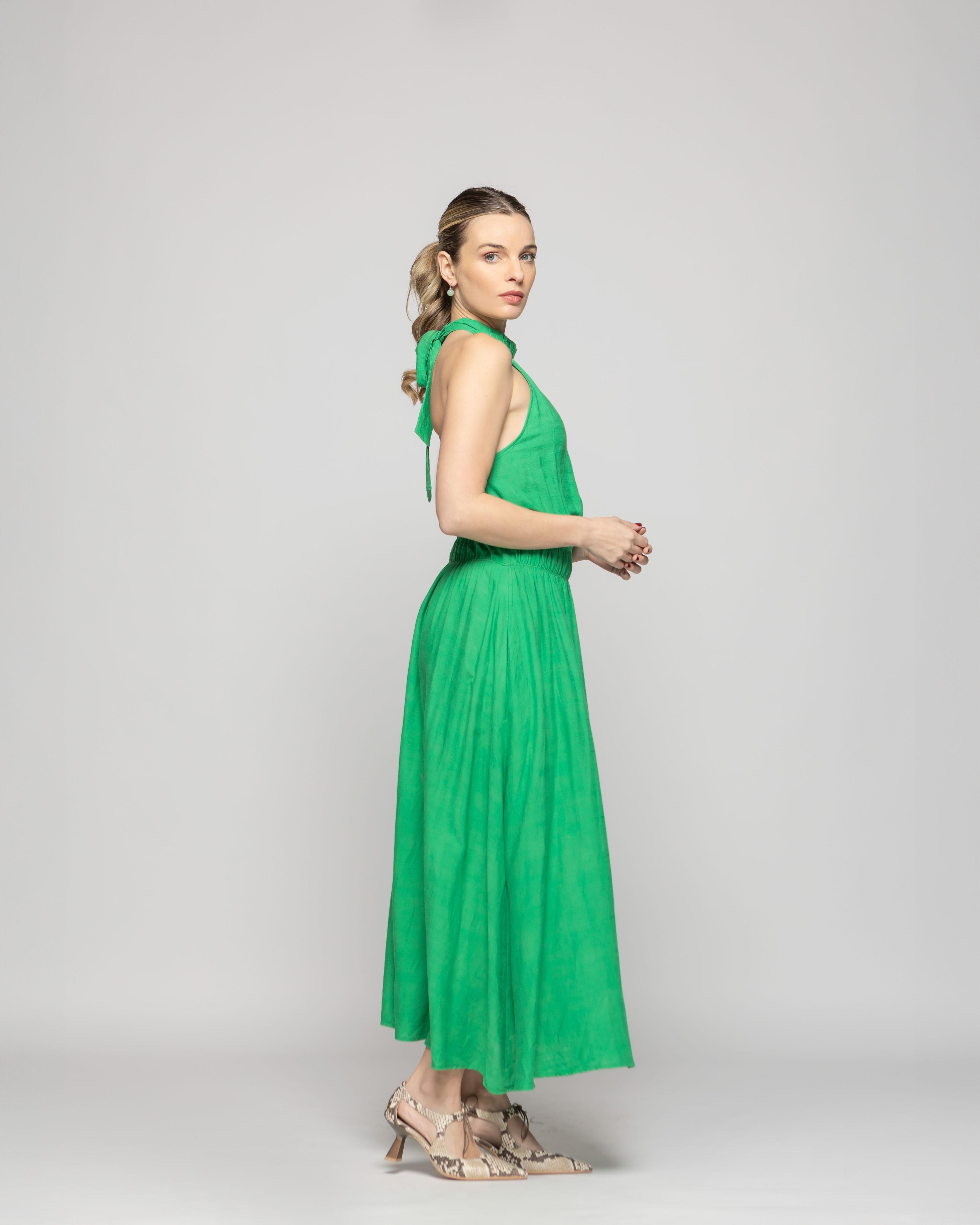 Vestido Mujer Gerbera Largo Escote Halter Cintura Ajustada Verde Ludovica-6