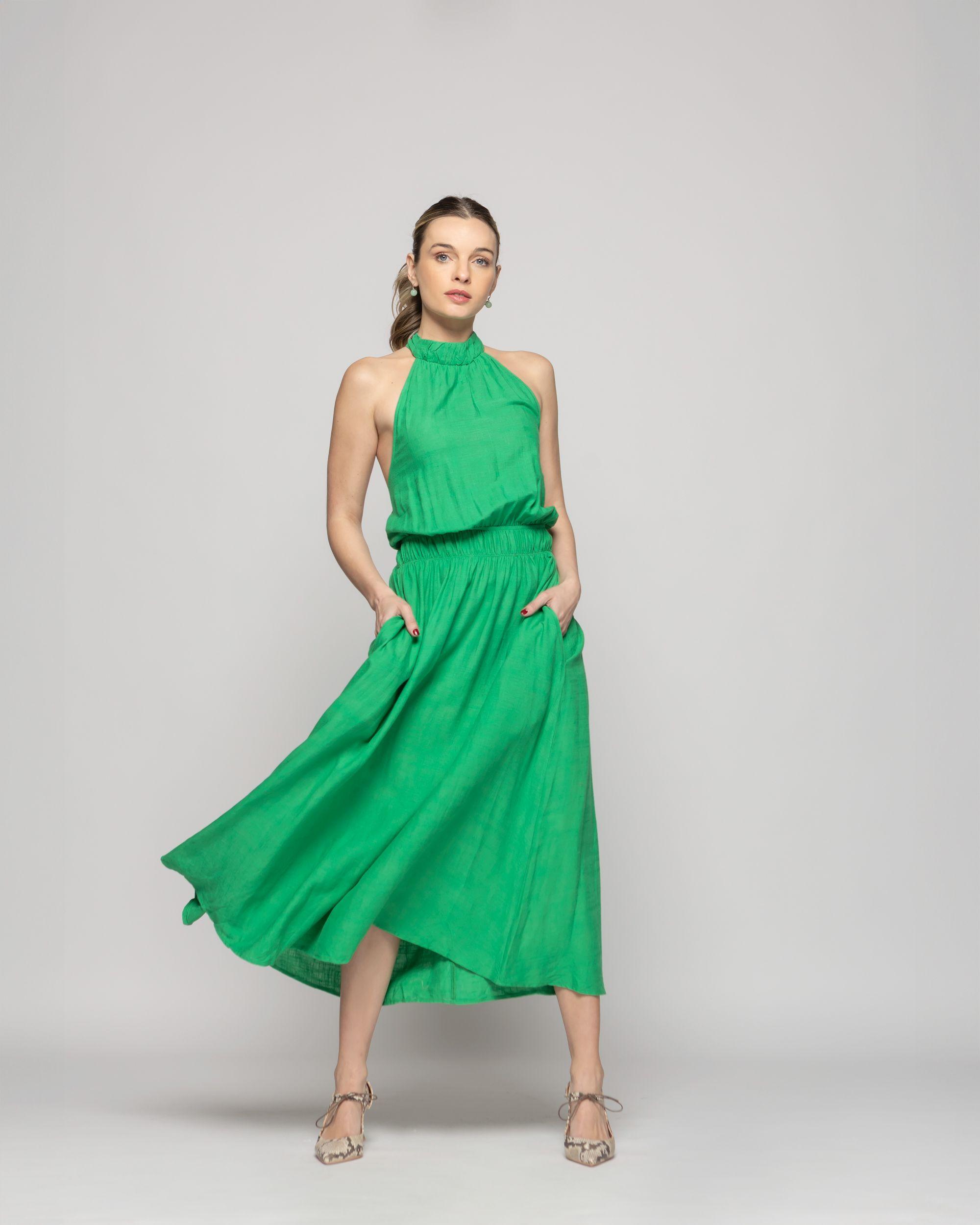 Vestido Mujer Gerbera Largo Escote Halter Cintura Ajustada Verde Ludovica-3