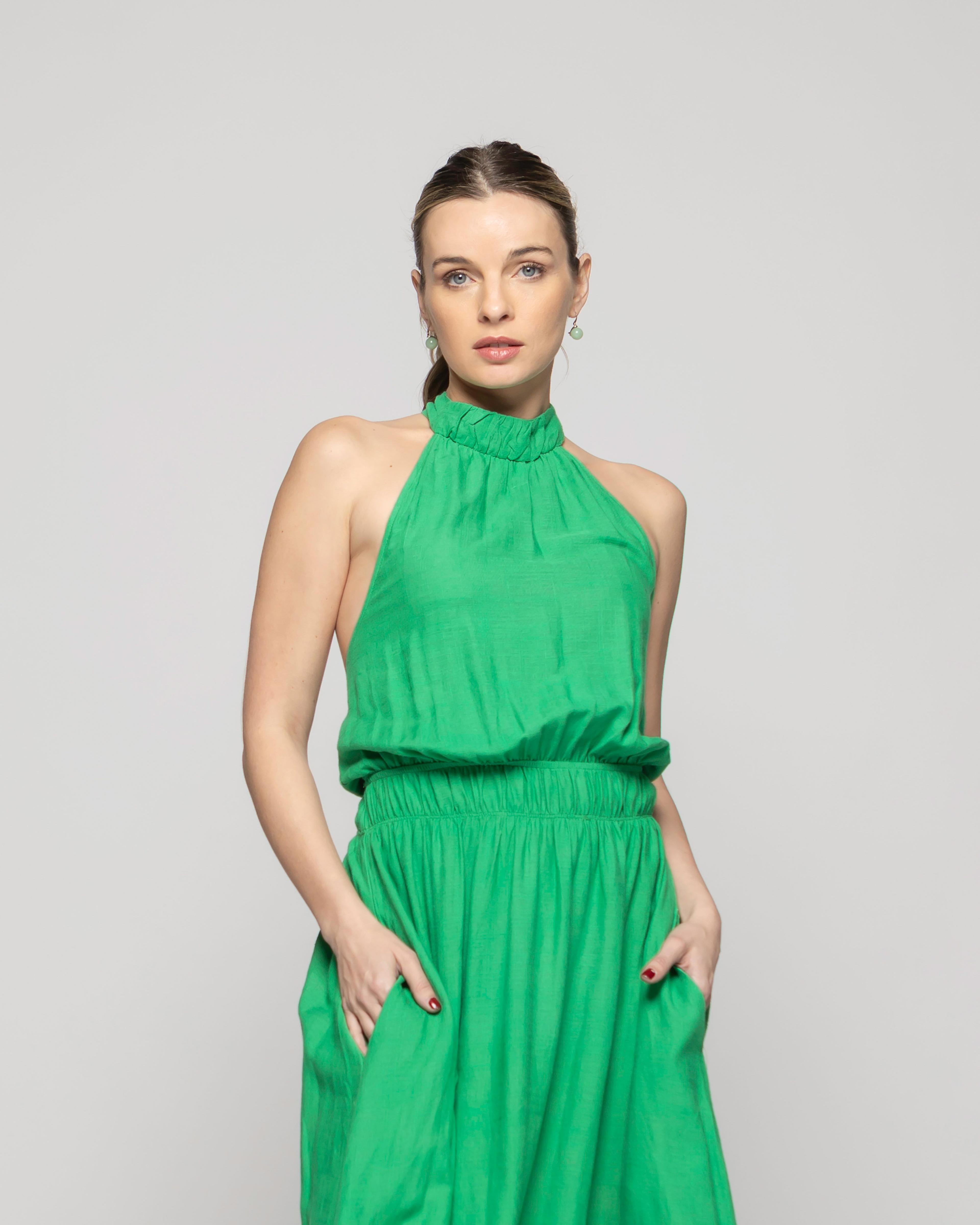 Vestido Mujer Gerbera Largo Escote Halter Cintura Ajustada Verde Ludovica-5