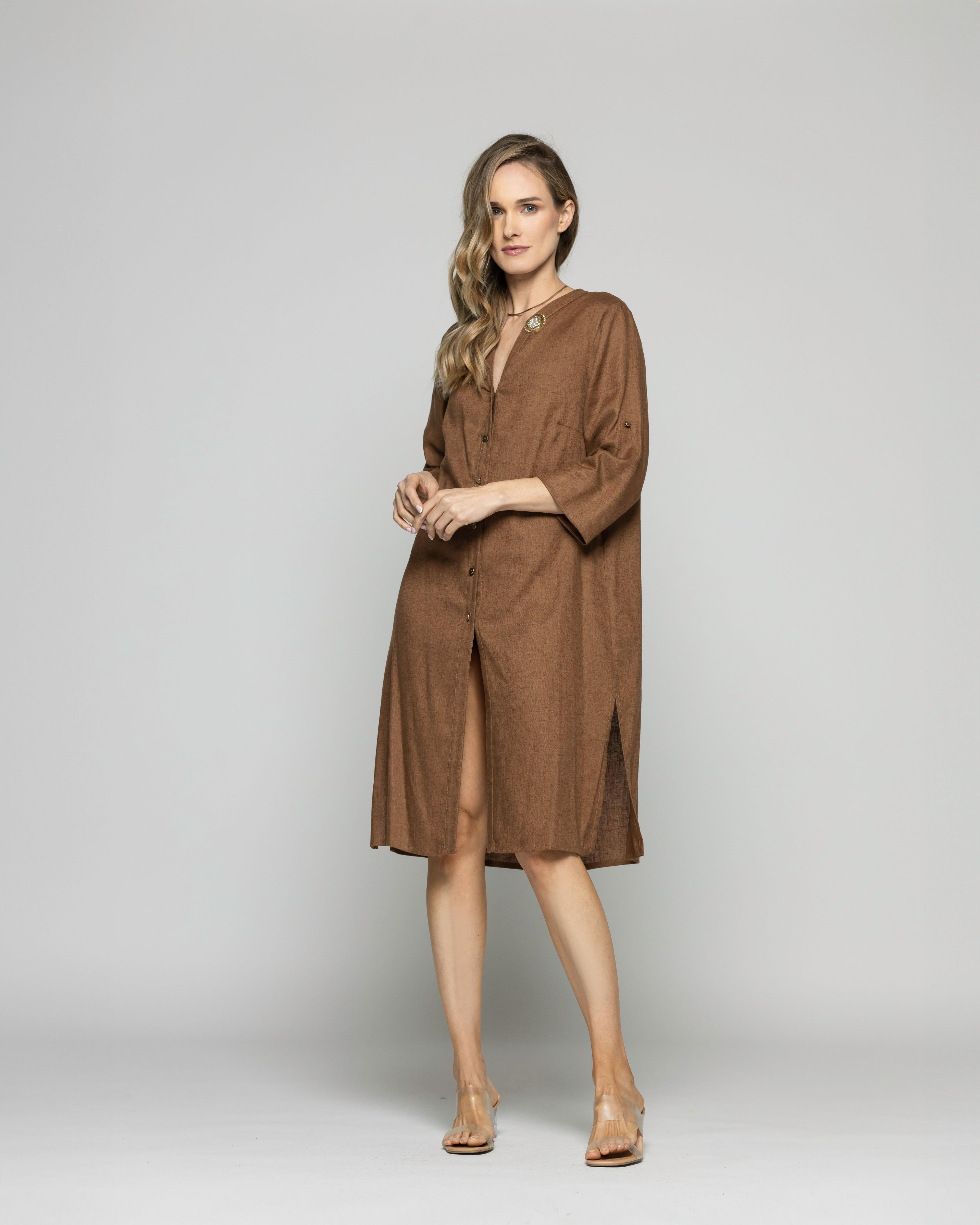 Túnica Vestido Mujer Vinca Camisero Cuello Mao Manga 3/4 Café Moka Ludovica-0