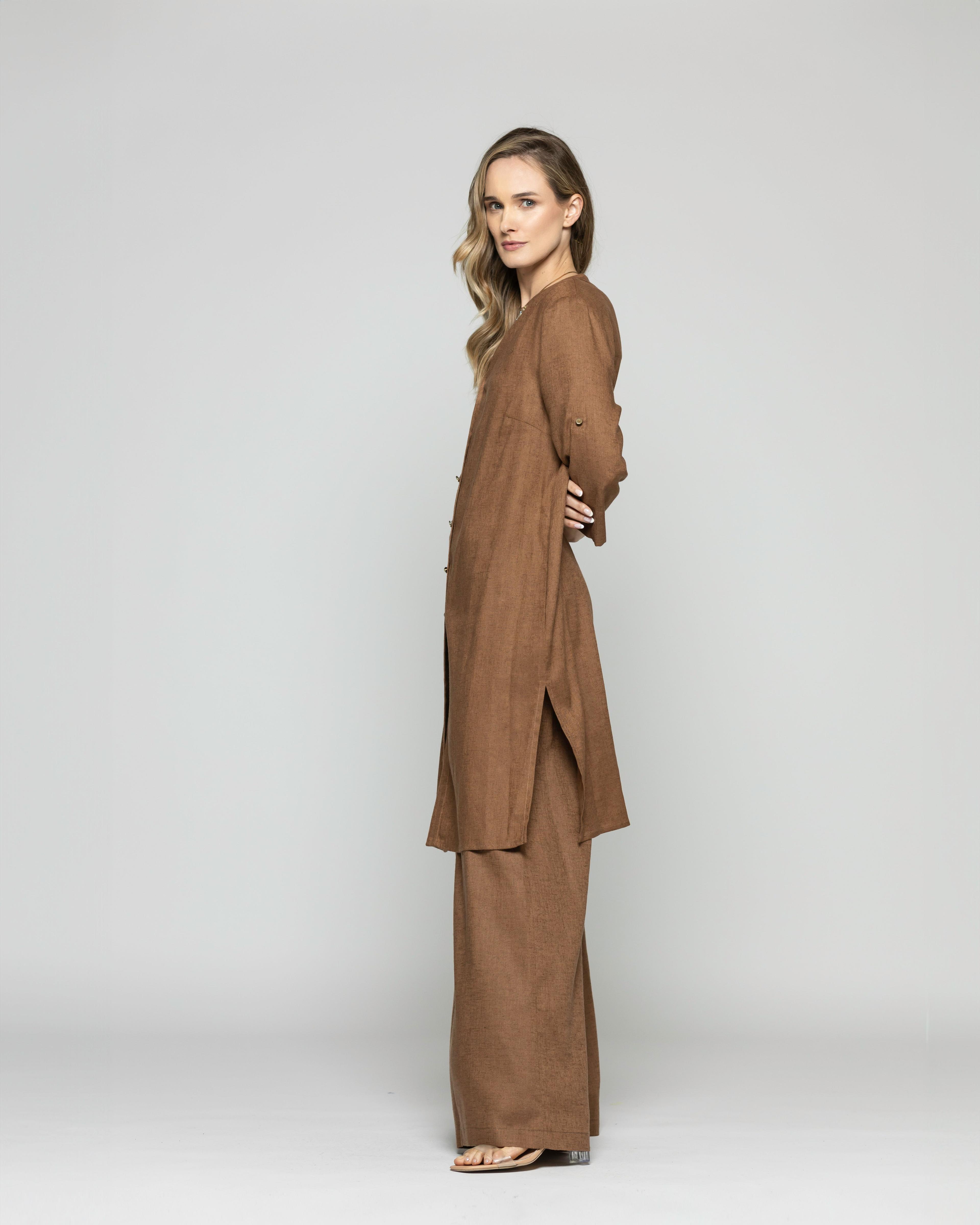 Túnica Vestido Mujer Vinca Camisero Cuello Mao Manga 3/4 Café Moka Ludovica-2