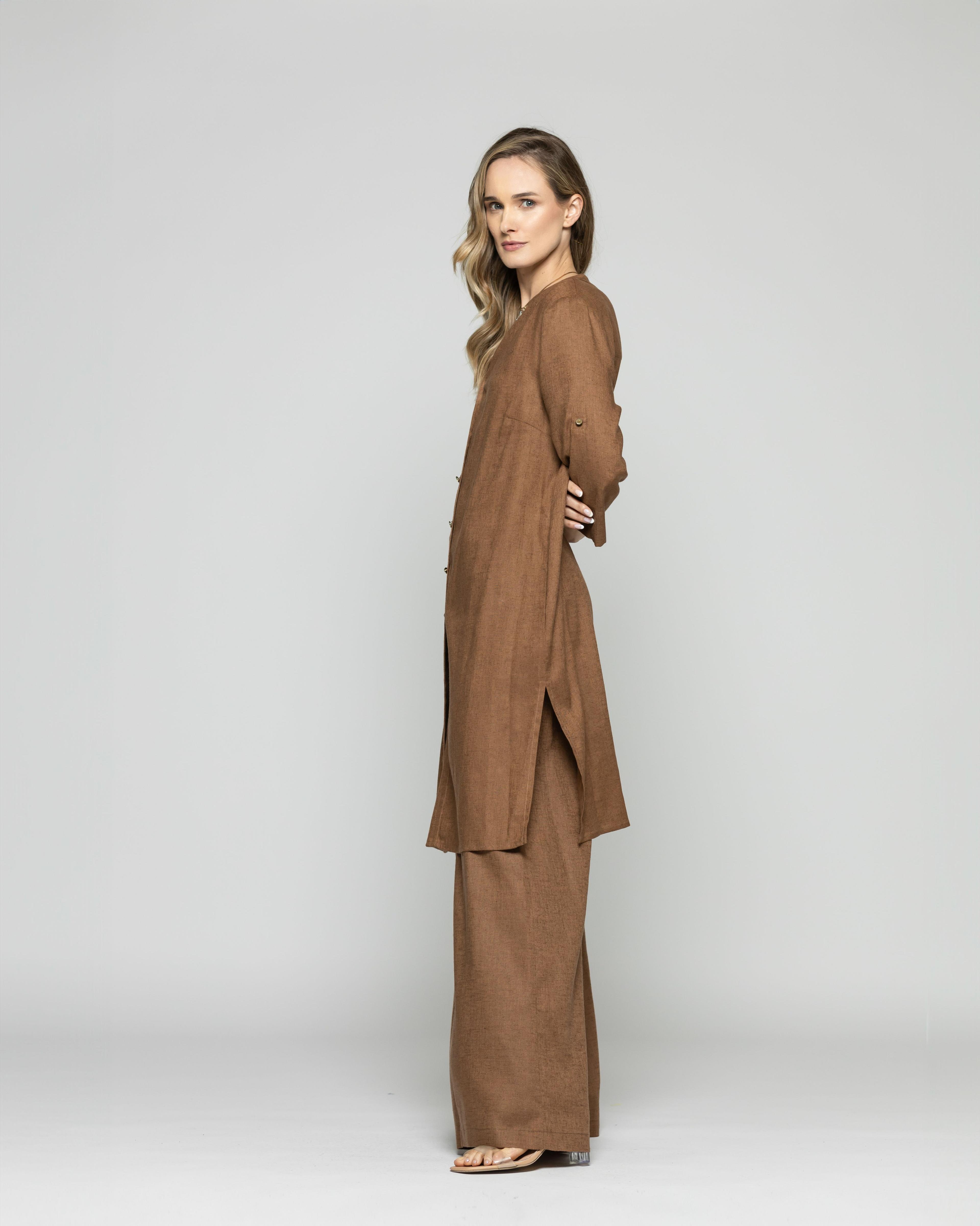 Túnica Vestido Mujer Vinca Camisero Cuello Mao Manga 3/4 Café Moka Ludovica-3