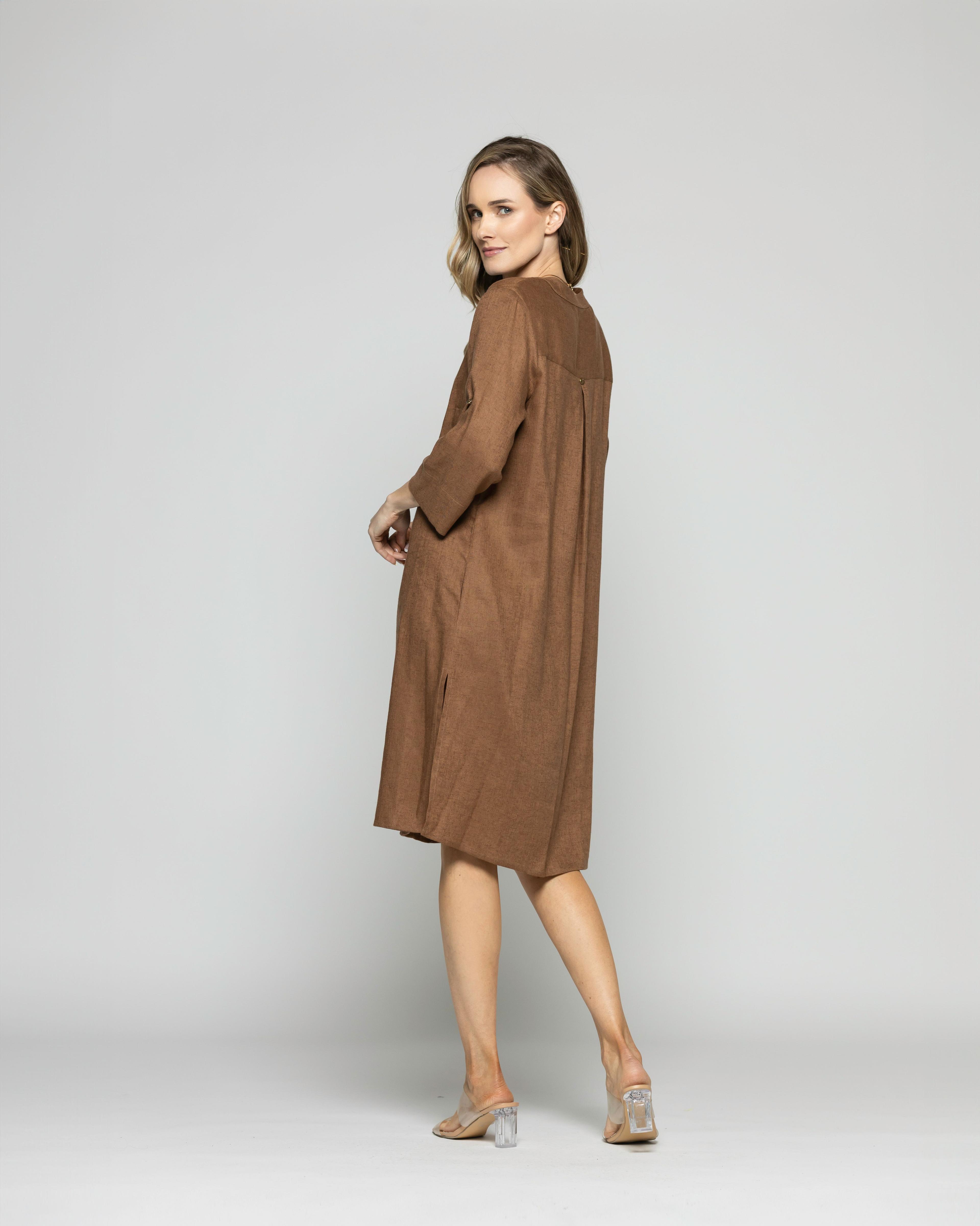 Túnica Vestido Mujer Vinca Camisero Cuello Mao Manga 3/4 Café Moka Ludovica-6