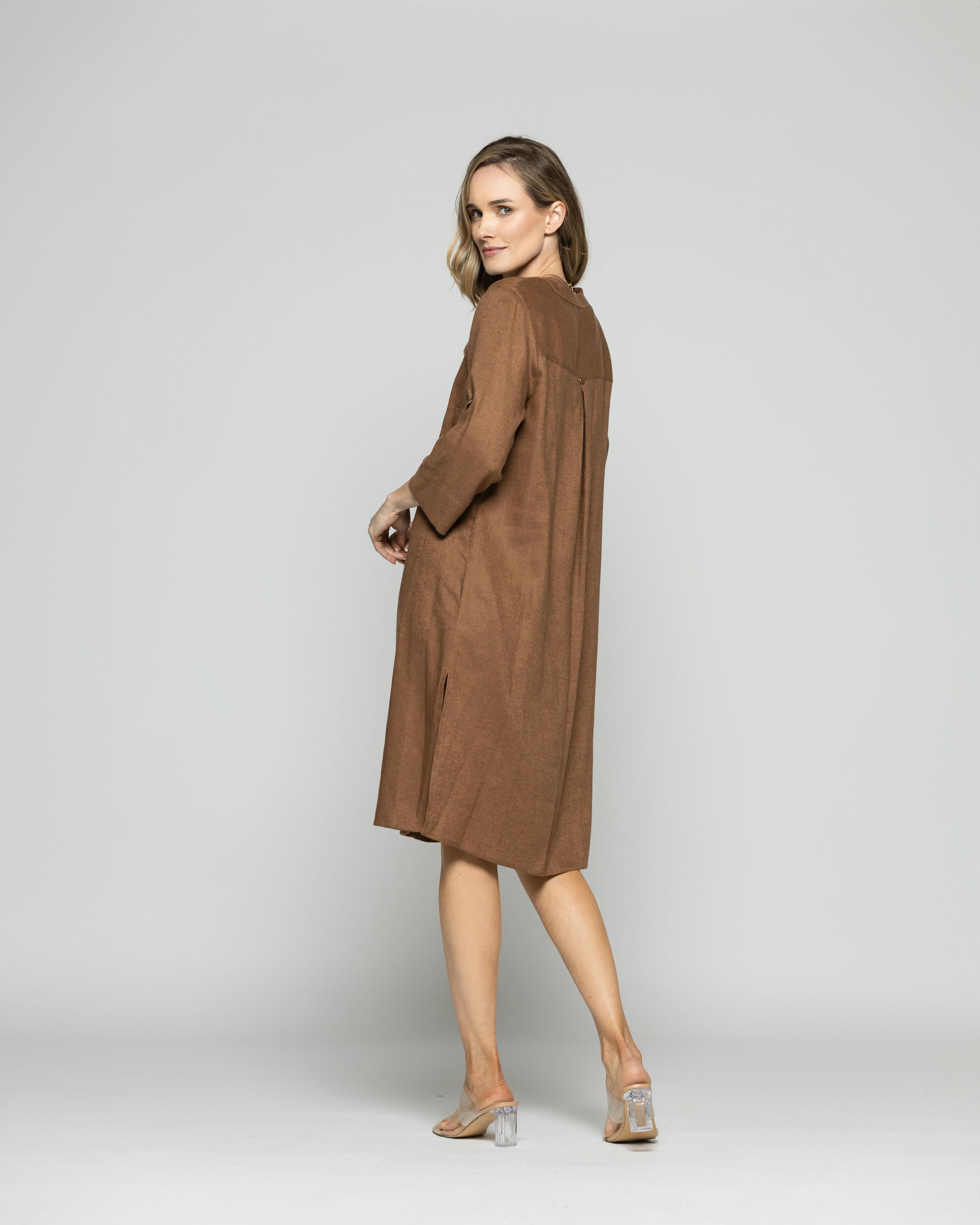 Túnica Vestido Mujer Vinca Camisero Cuello Mao Manga 3/4 Café Moka Ludovica-7