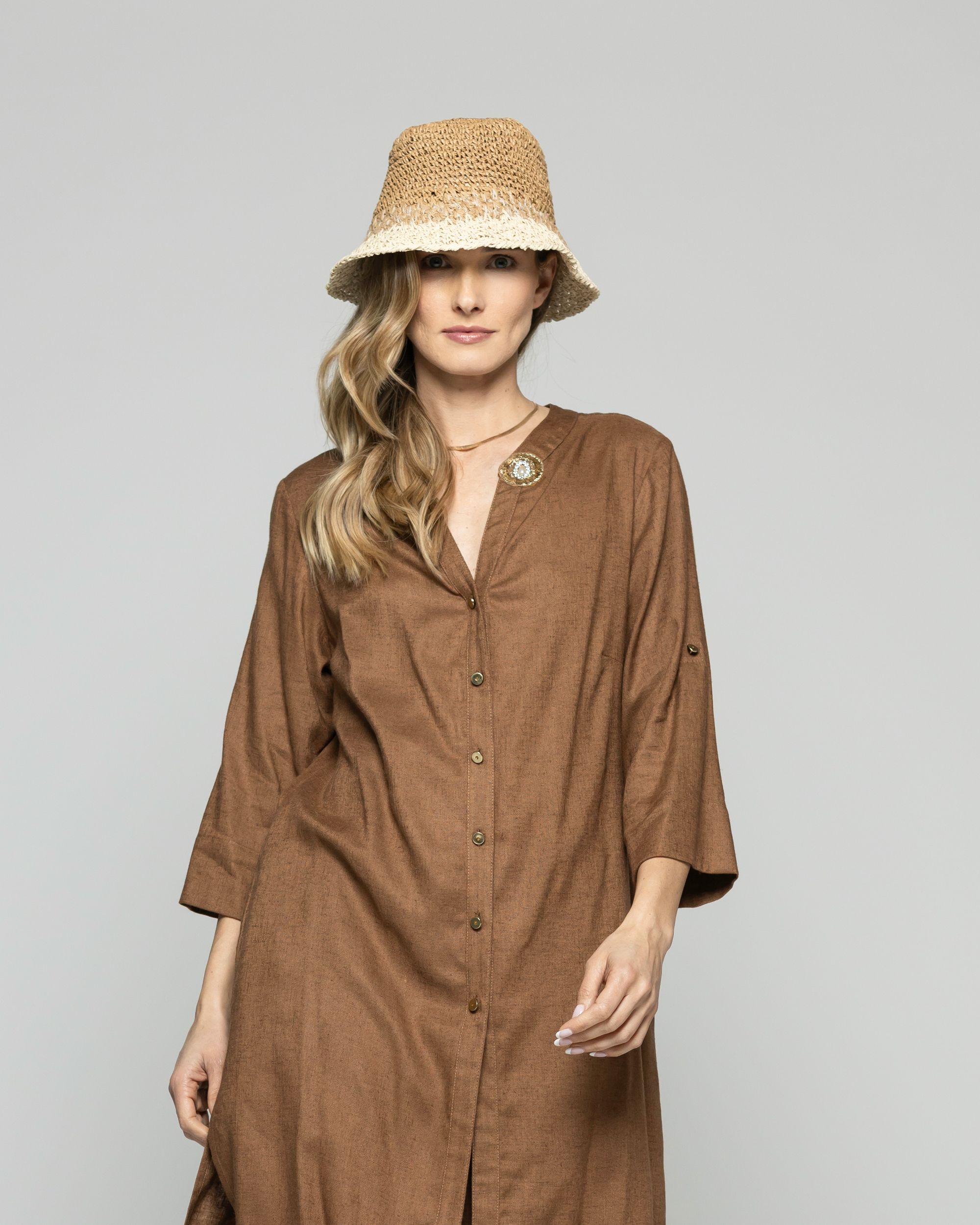 Túnica Vestido Mujer Vinca Camisero Cuello Mao Manga 3/4 Café Moka Ludovica-3