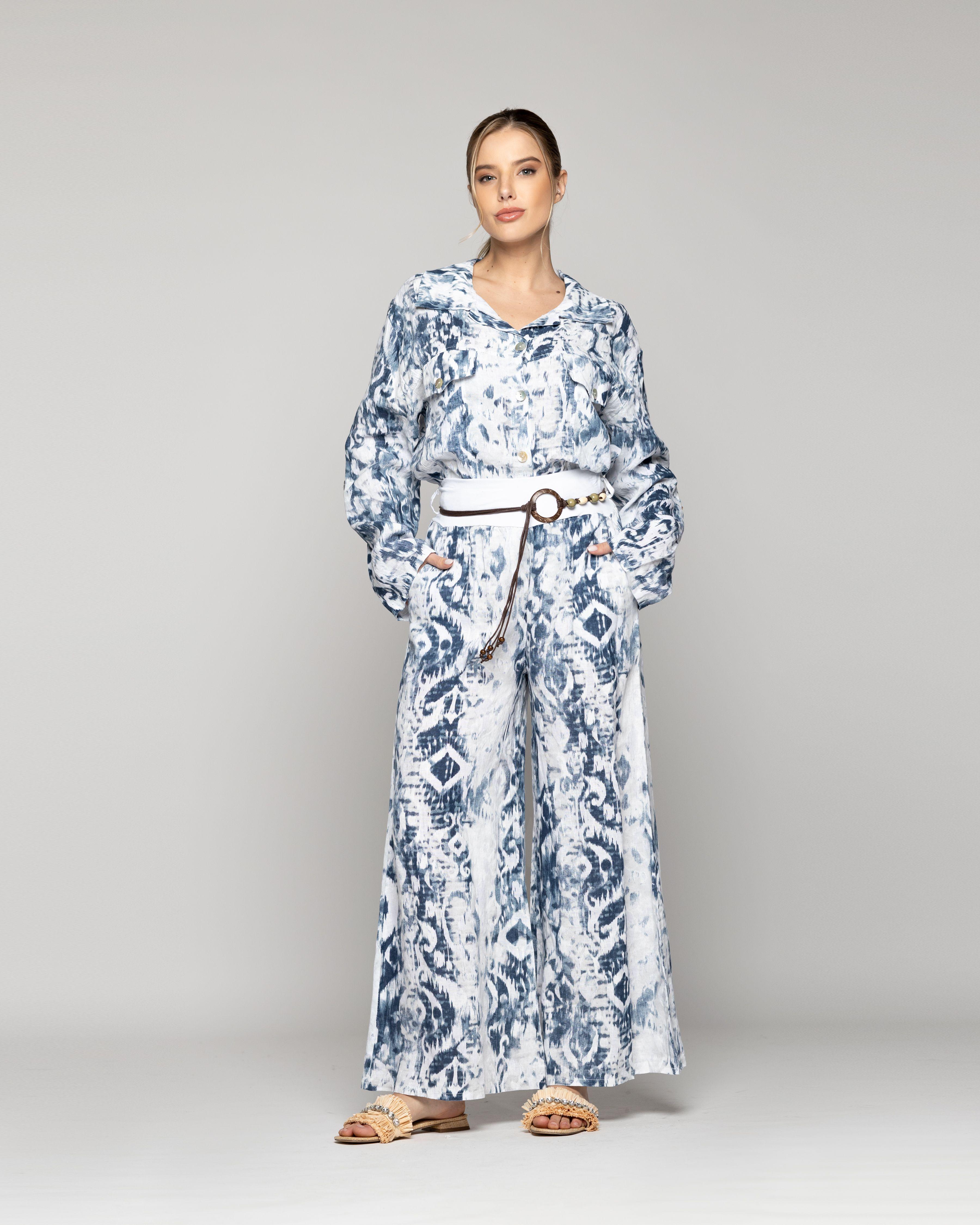 Pantalón Mujer Pola Con Cinturón Estampado Azul Y Blanco Lineatre-0