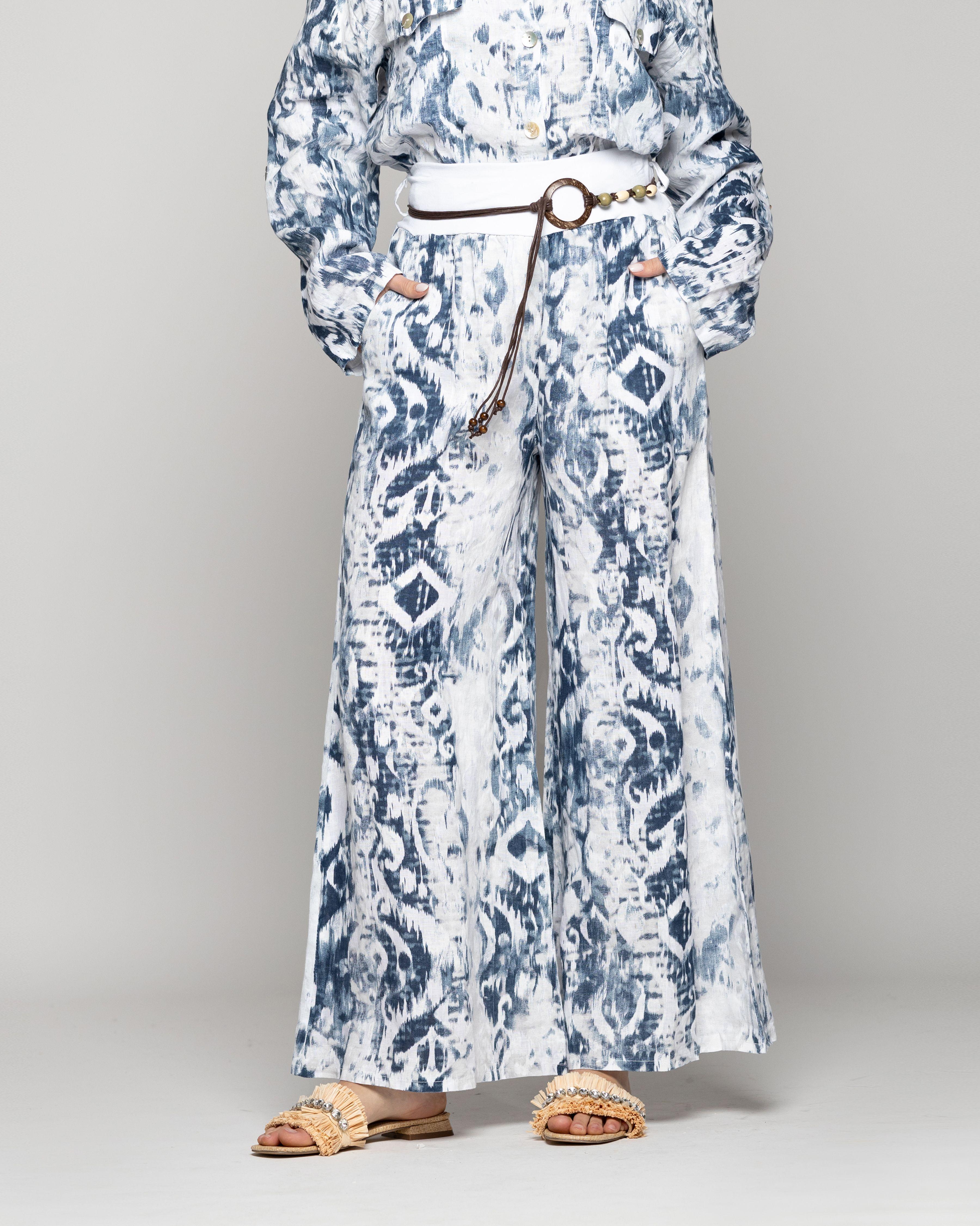Pantalón Mujer Pola Con Cinturón Estampado Azul Y Blanco Lineatre-1
