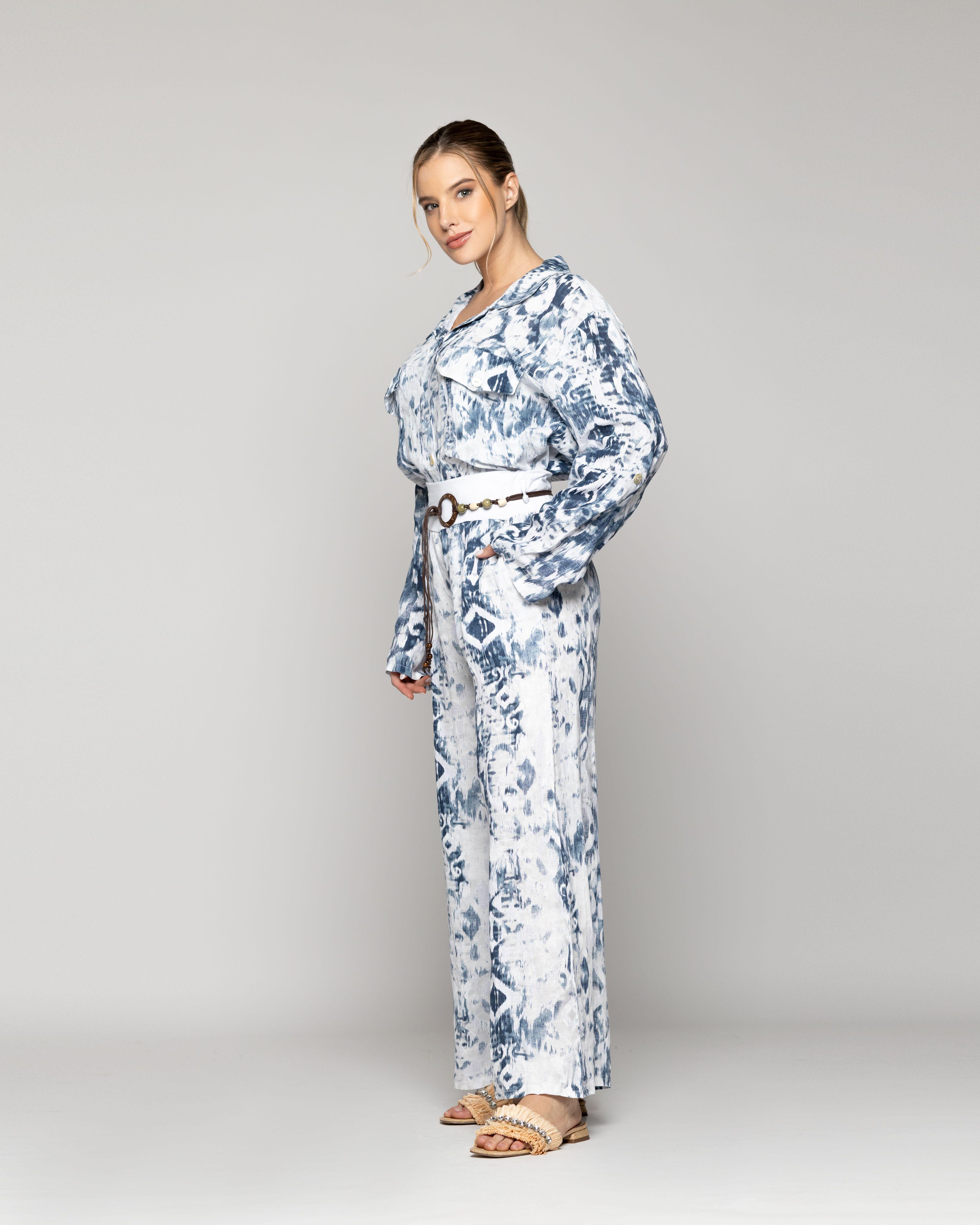 Pantalón Mujer Pola Con Cinturón Estampado Azul Y Blanco Lineatre-2