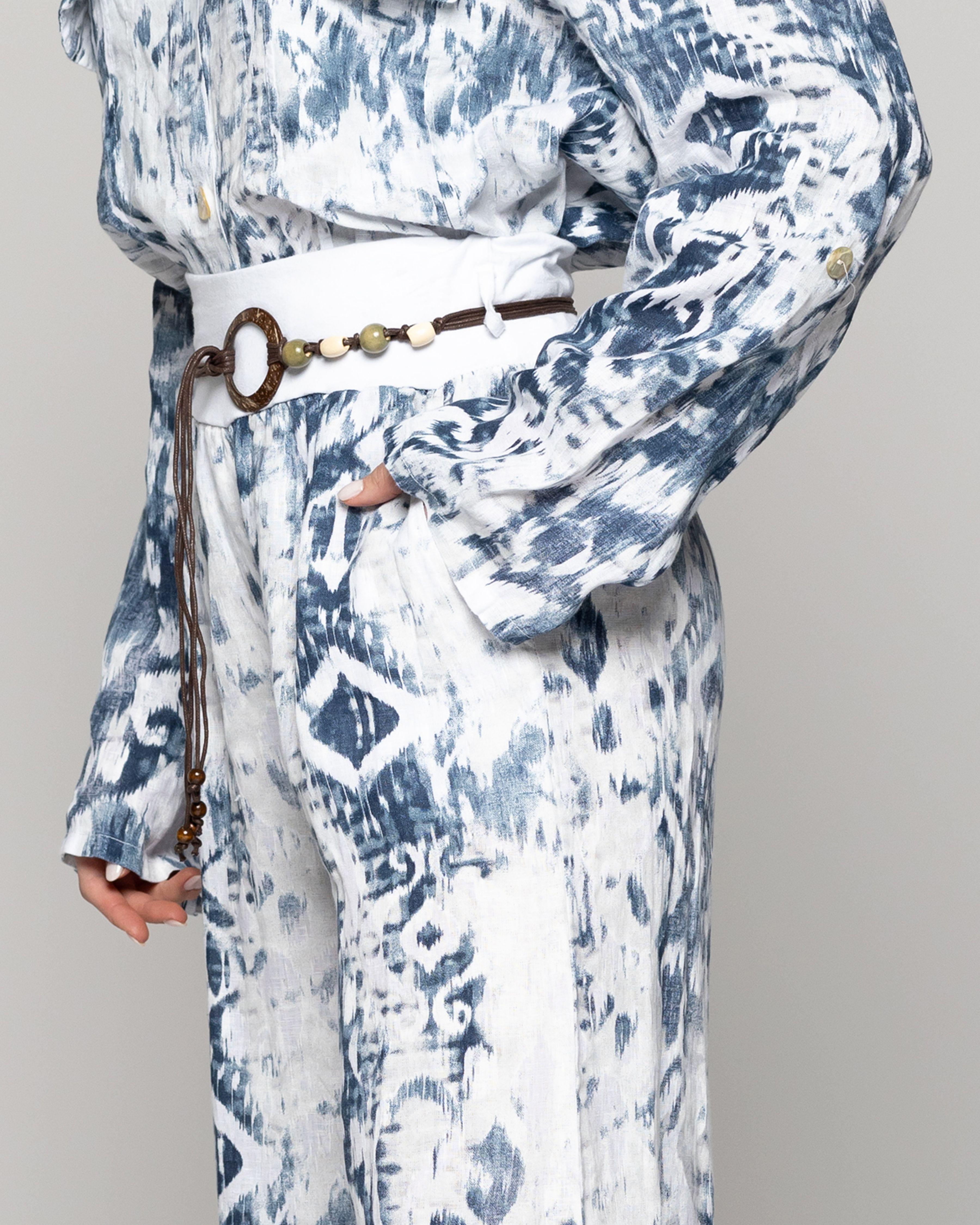 Pantalón Mujer Pola Con Cinturón Estampado Azul Y Blanco Lineatre-3