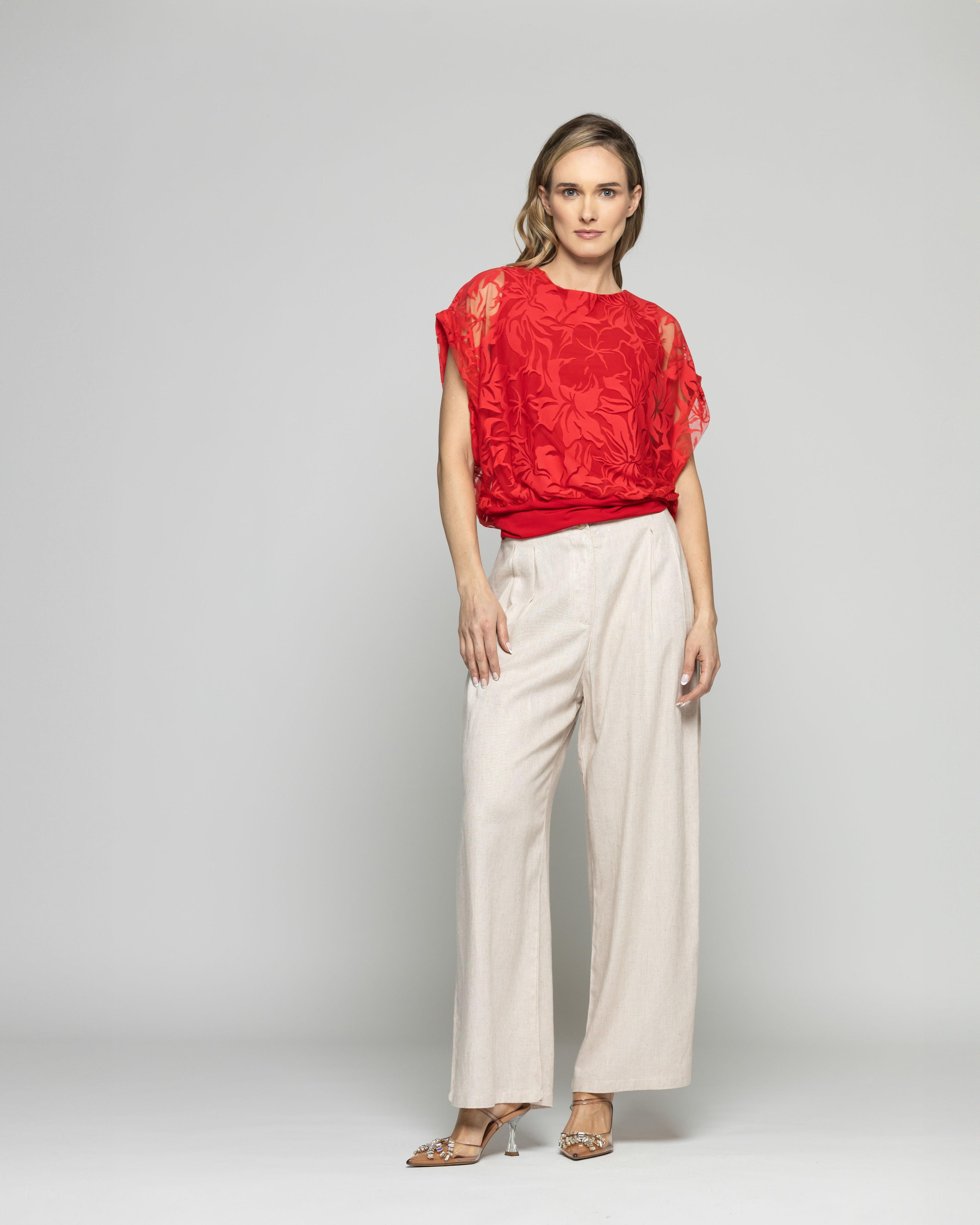 Polera Nigella Manga Caída Encaje Floral Rojo Ludovica-1