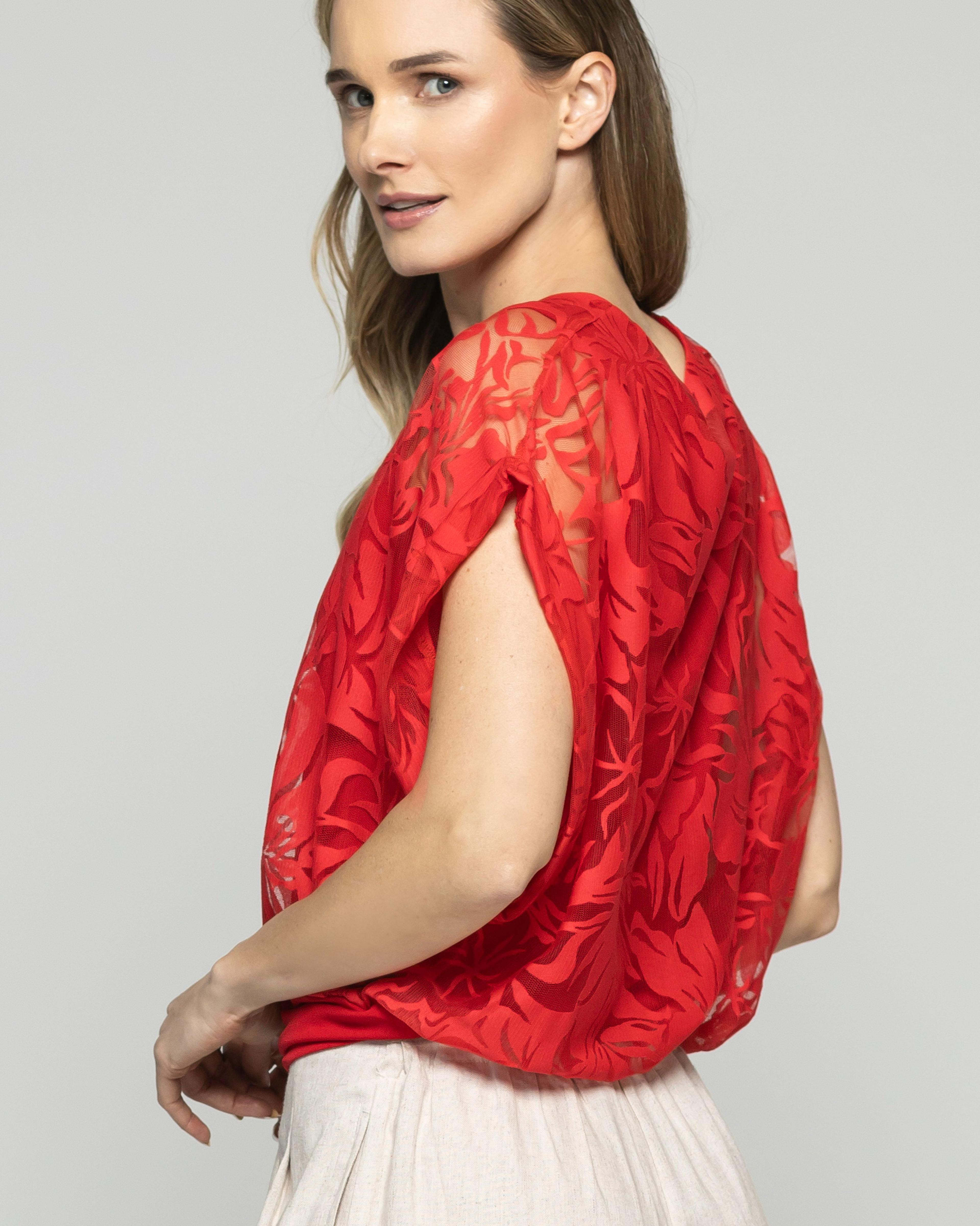 Polera Nigella Manga Caída Encaje Floral Rojo Ludovica-5