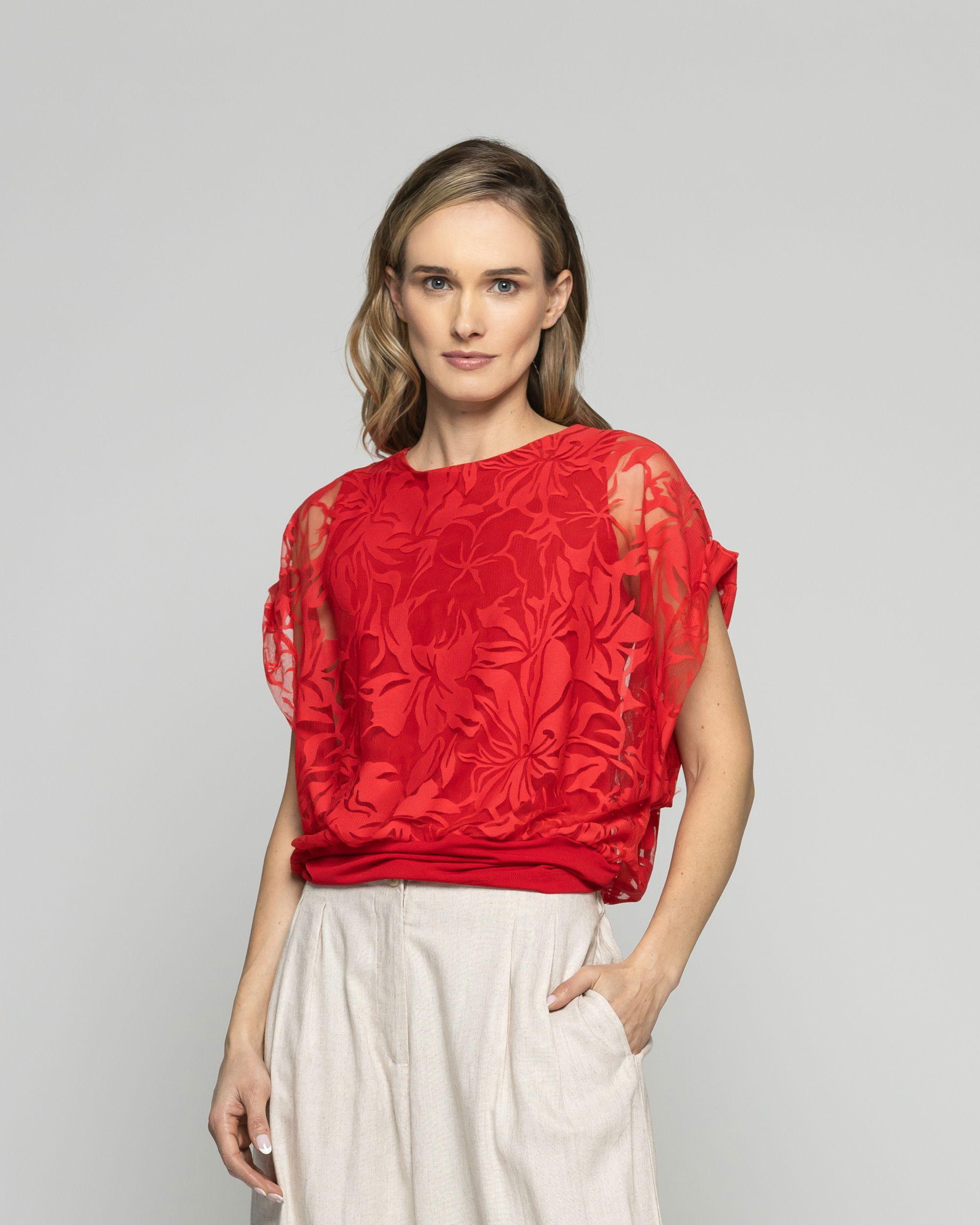 Polera Nigella Manga Caída Encaje Floral Rojo Ludovica-2