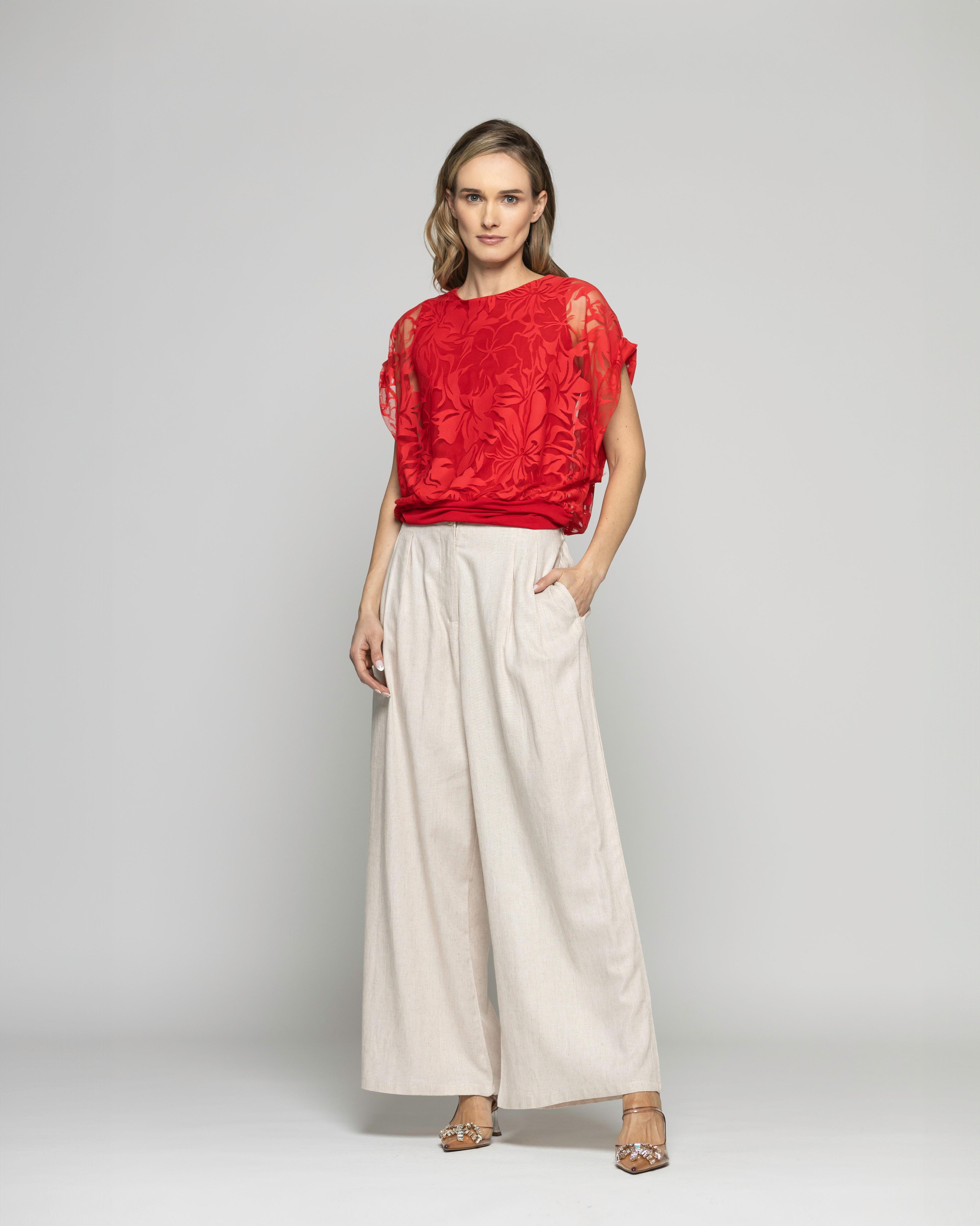 Polera Nigella Manga Caída Encaje Floral Rojo Ludovica-7