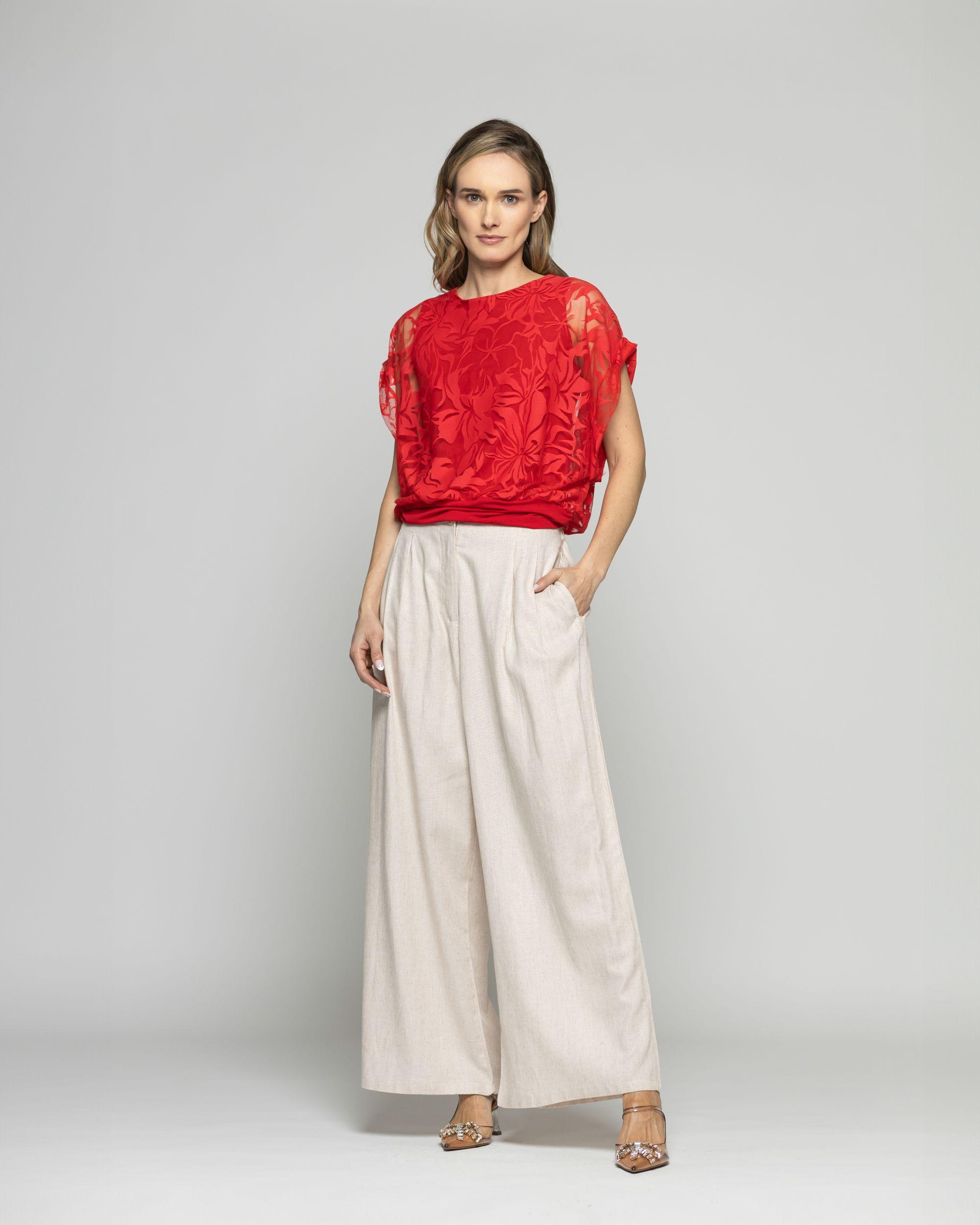 Polera Nigella Manga Caída Encaje Floral Rojo Ludovica-8