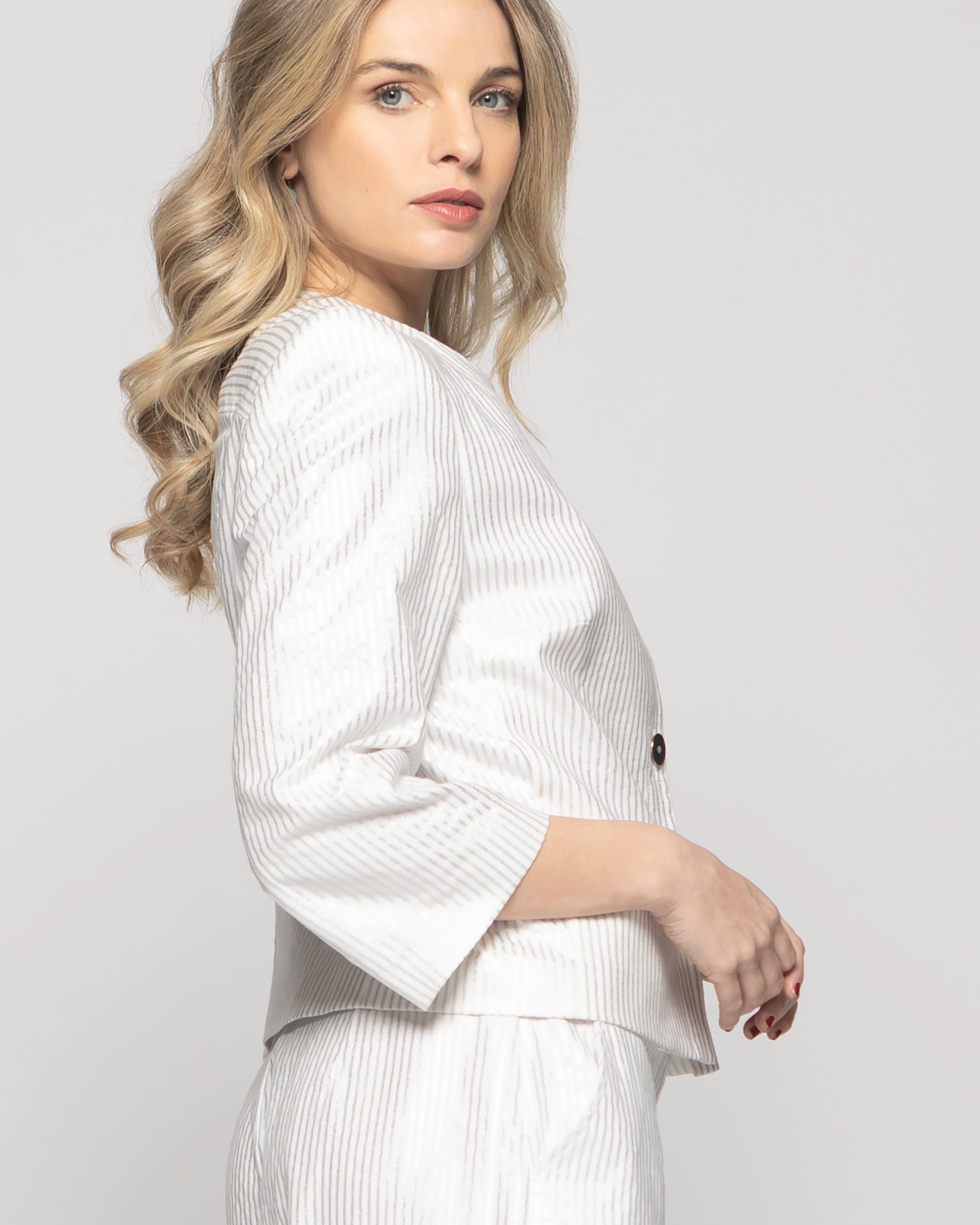 Blazer Mujer Iris Corto Escote Redondo Algodón Manga 3/4 Folia Blanco Ludovica-7