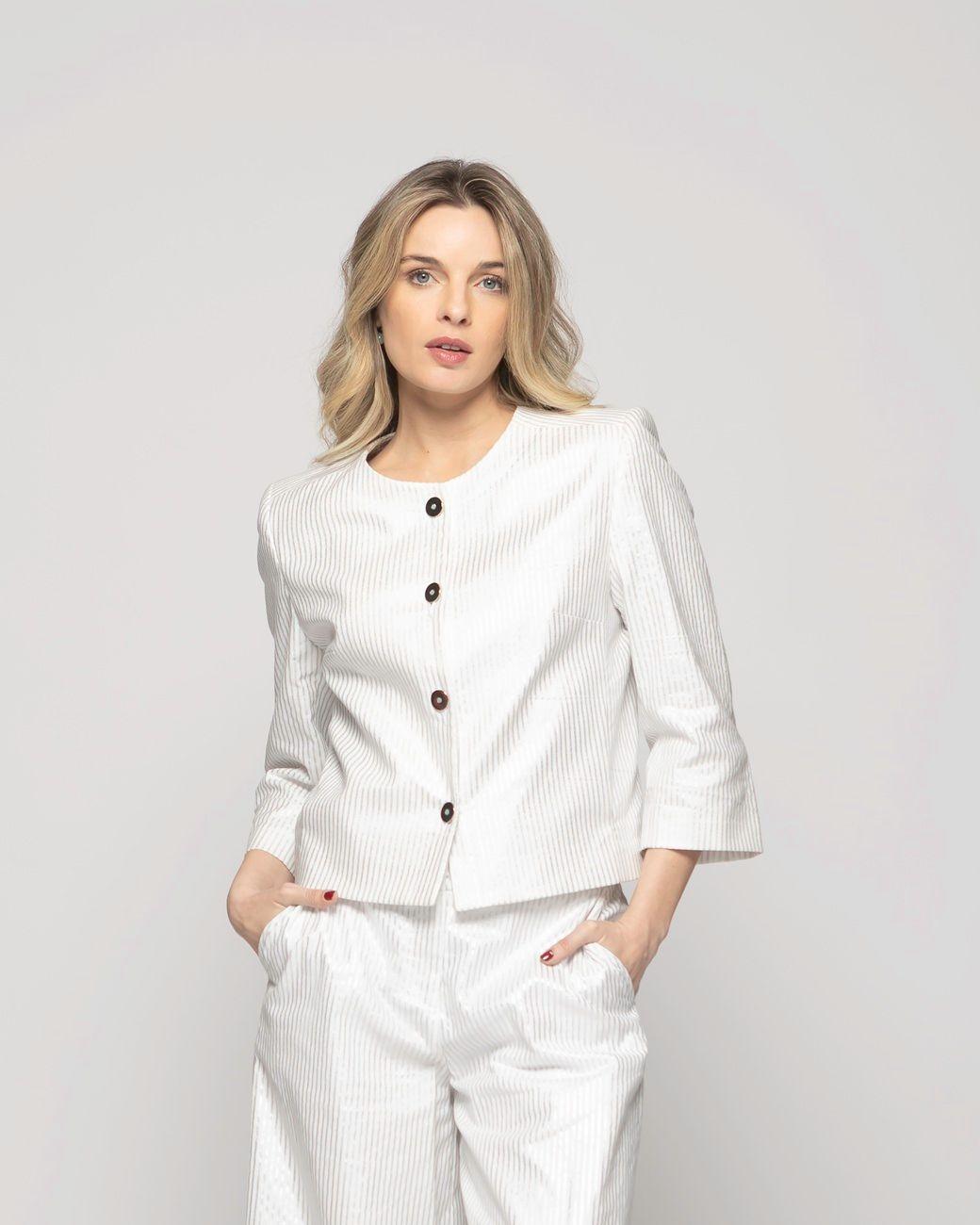 Blazer Mujer Iris Corto Escote Redondo Algodón Manga 3/4 Folia Blanco Ludovica-0
