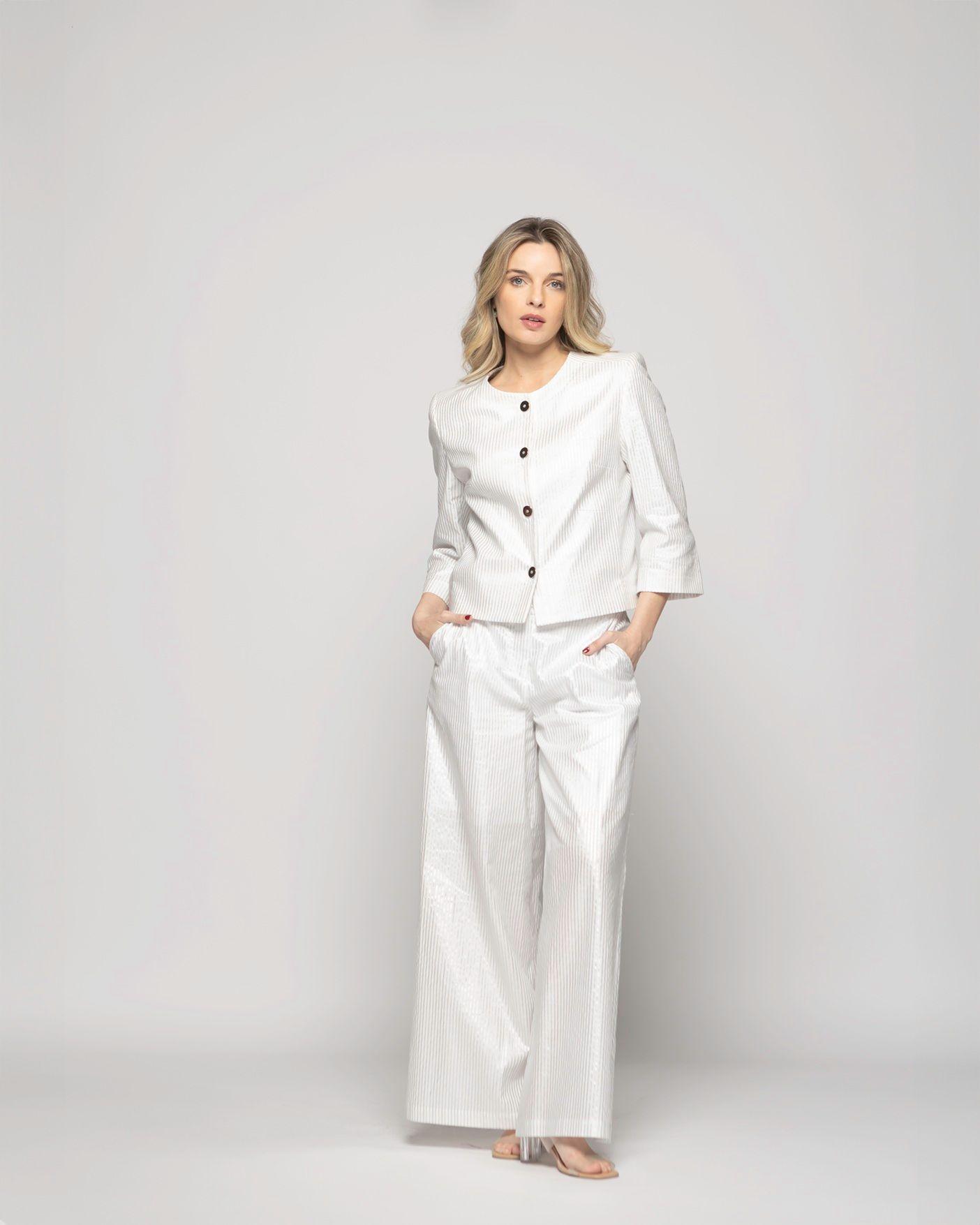 Blazer Mujer Iris Corto Escote Redondo Algodón Manga 3/4 Folia Blanco Ludovica-2