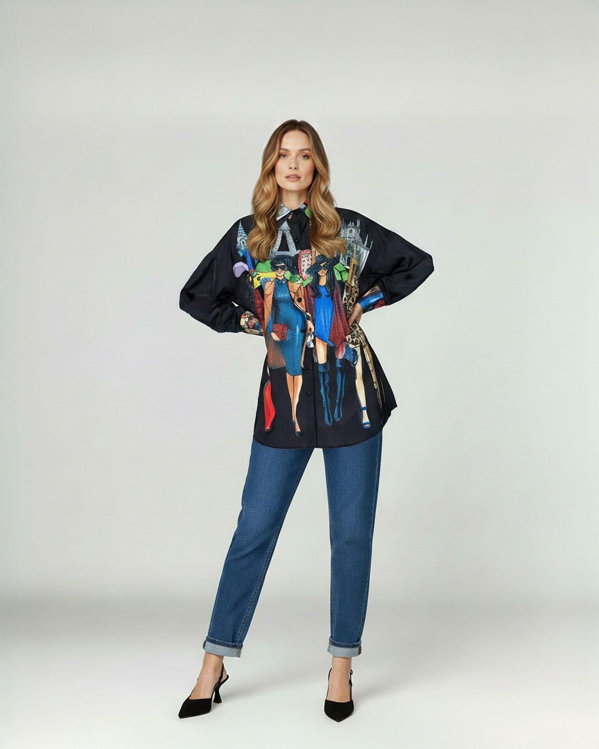 Blusa Mujer Claudia Relaxed Cuello tipo camisa Manga larga con puño recto Negro Lineatre-3