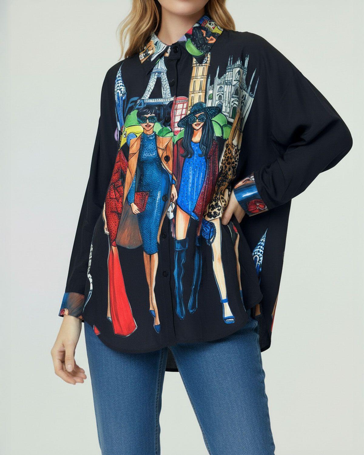 Blusa Mujer Claudia Relaxed Cuello tipo camisa Manga larga con puño recto Negro Lineatre-0