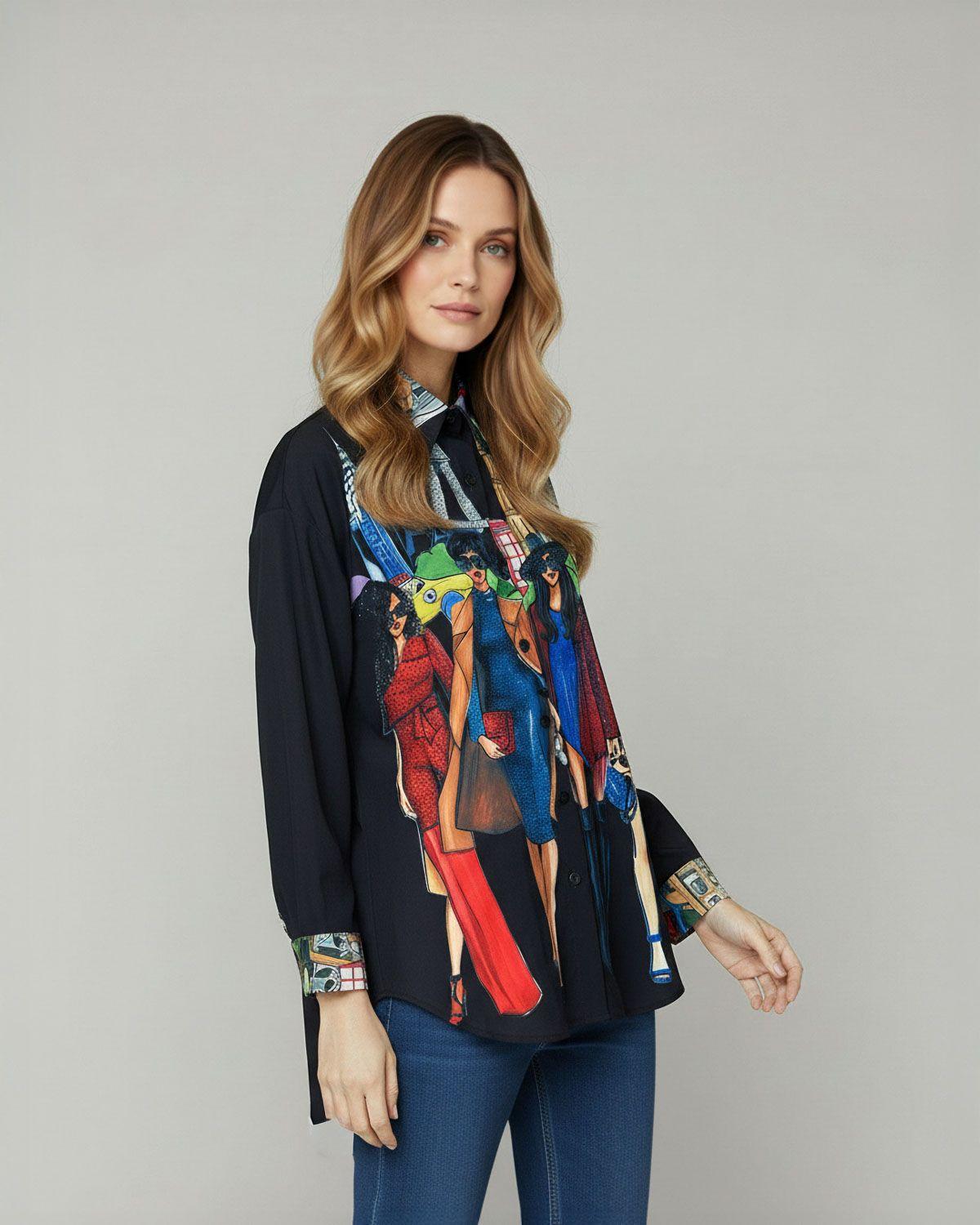 Blusa Mujer Claudia Relaxed Cuello tipo camisa Manga larga con puño recto Negro Lineatre-1