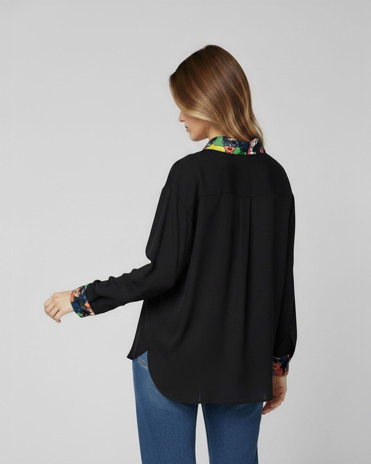 Blusa Mujer Claudia Relaxed Cuello tipo camisa Manga larga con puño recto Negro Lineatre-2