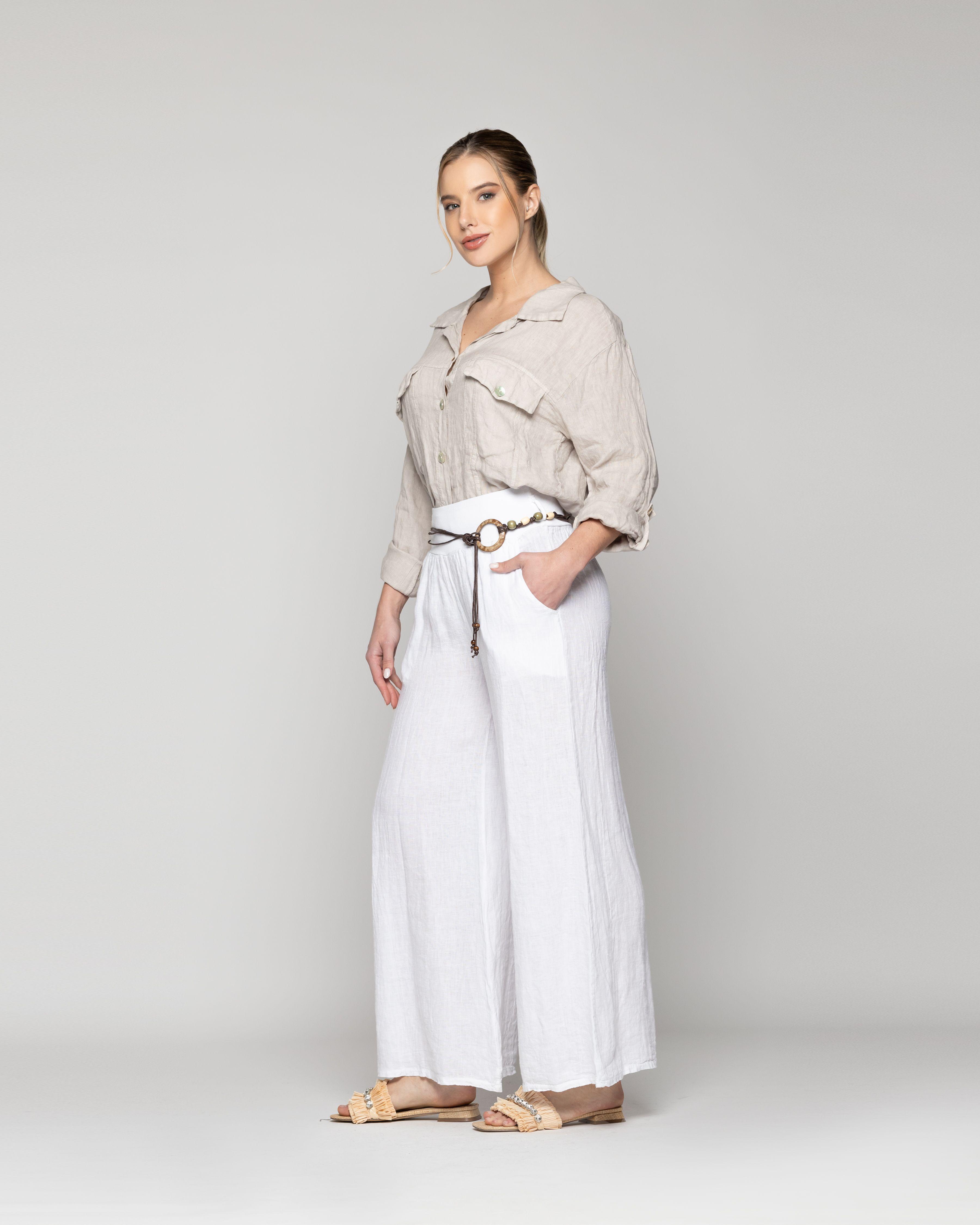 Pantalón Mujer Paola Palazzo De Lino Blanco Lineatre-0