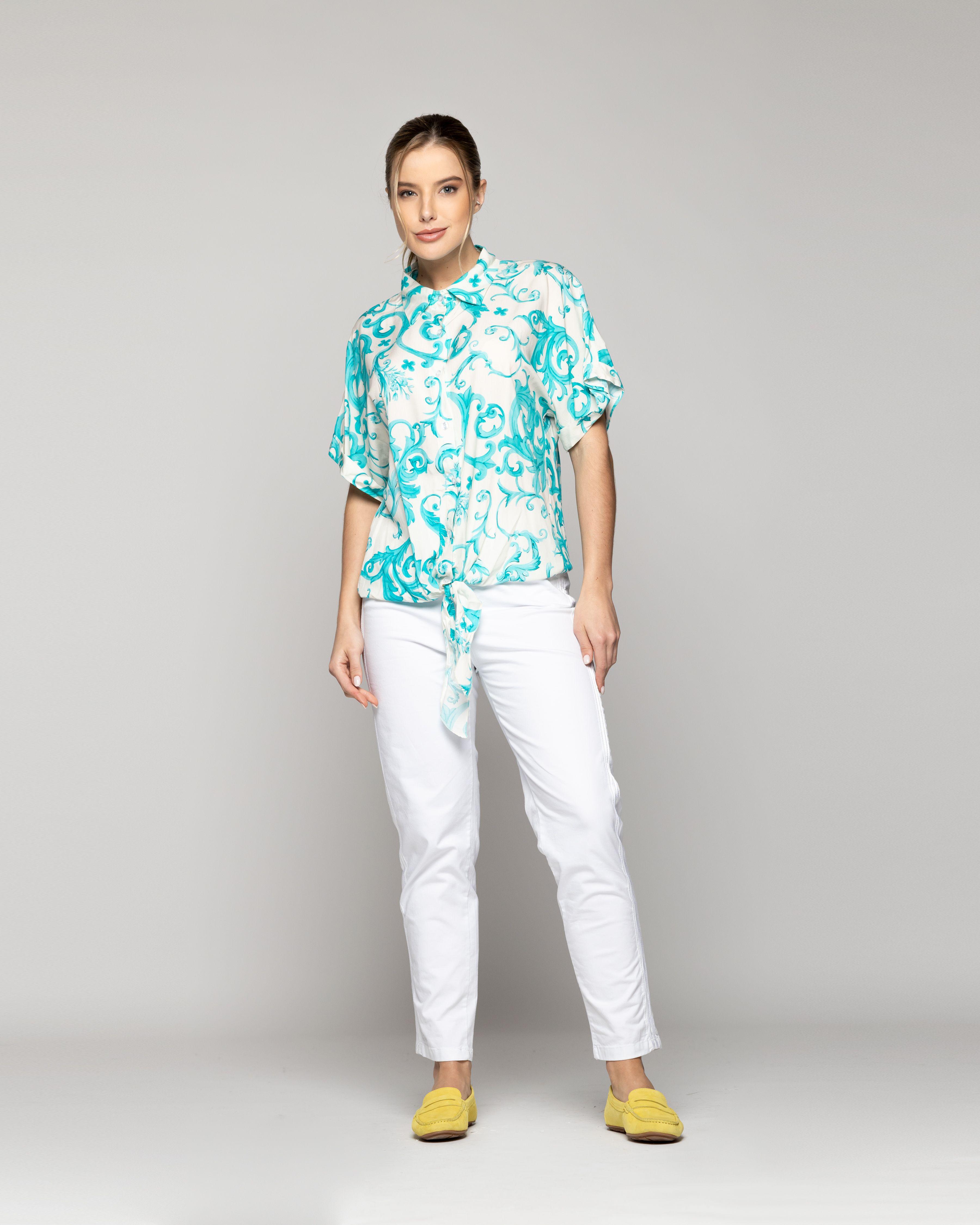 Blusa Mujer Brunilda Con Amarra y Estampado Verde Turquesa Lineatre-2