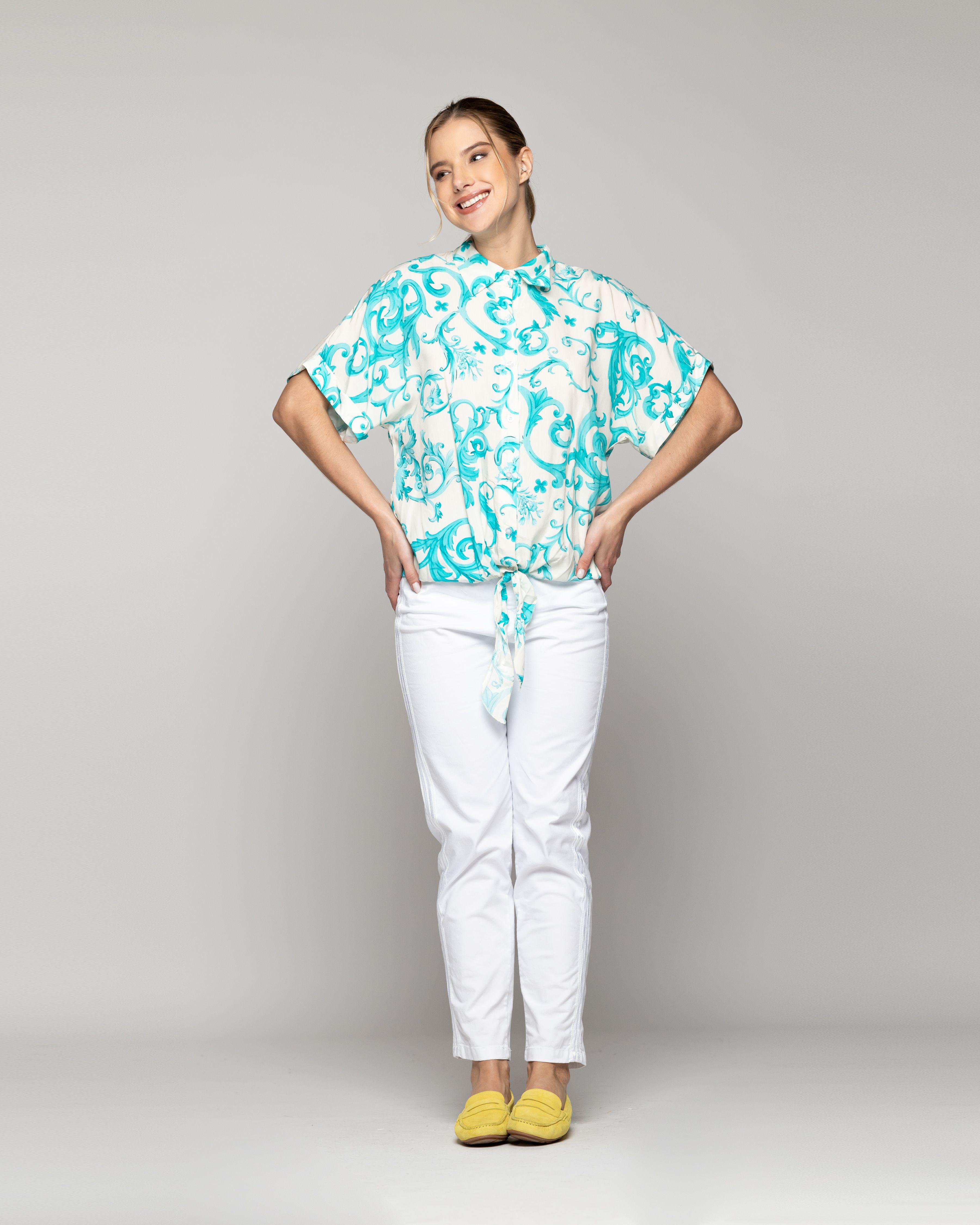 Blusa Mujer Brunilda Con Amarra y Estampado Verde Turquesa Lineatre-9