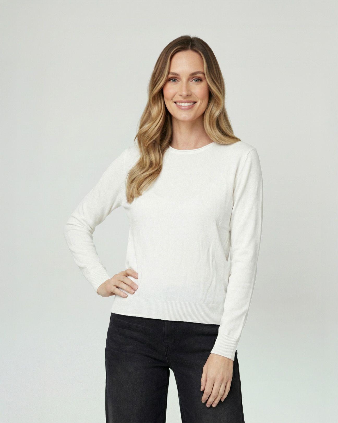 Sweater Mujer Marcela Relaxed Fit Cuello Redondo Manga Caída  Blanco Lineatre-3