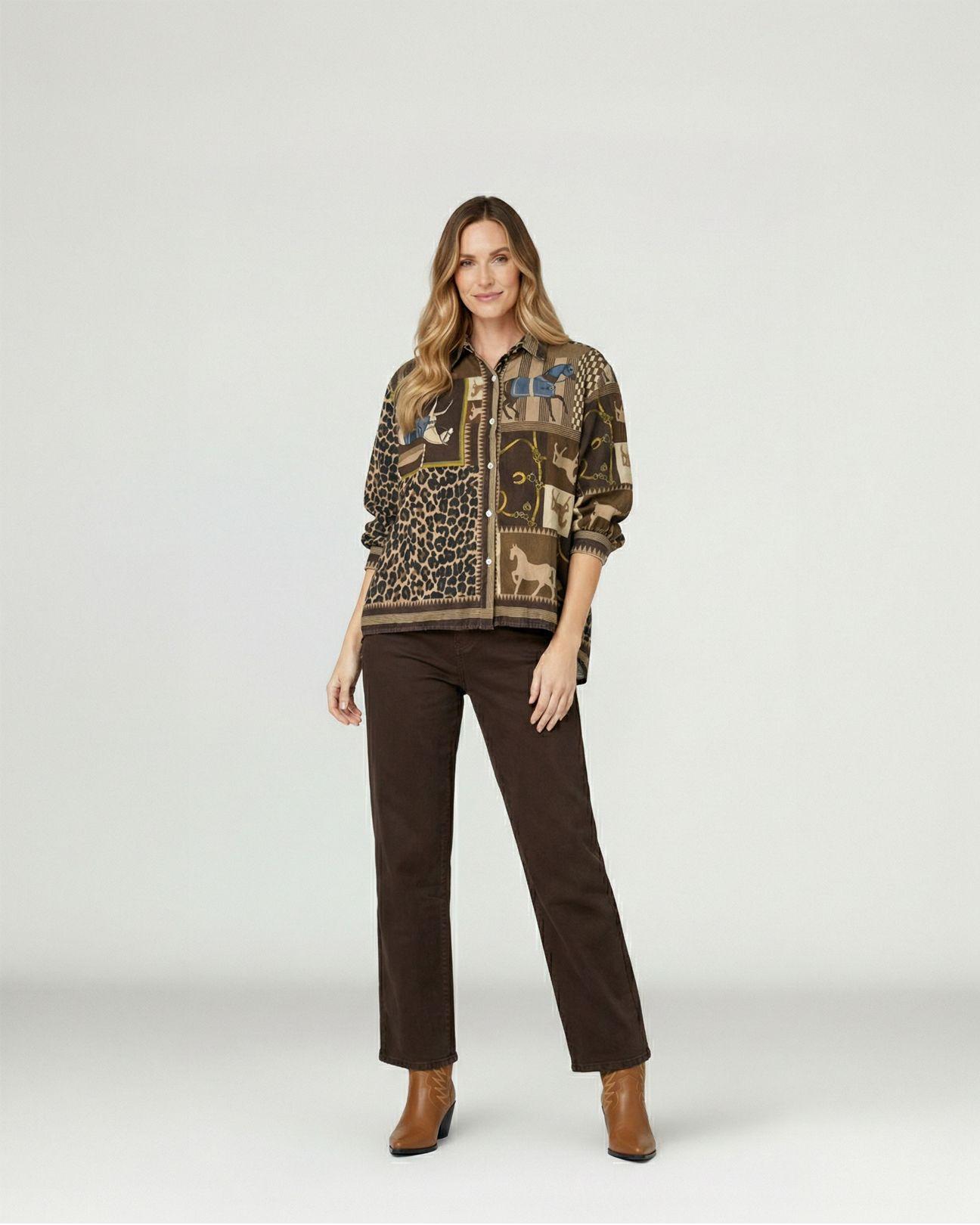 Camisa Mujer Fabiola Overside Cuello Tipo Camisa Manga Suelta Chocolate Lineatre-3