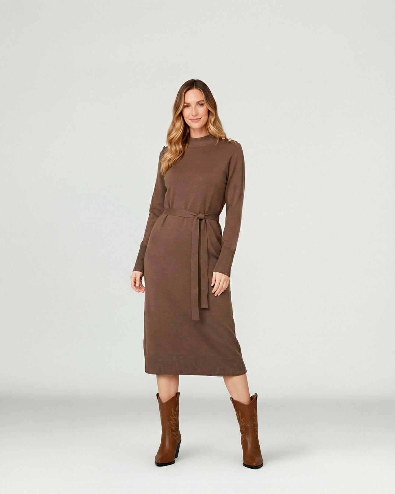 Vestido Mujer Pilar Largo Cuello Medio Alto. Redondo Cierre Sin Cierre Chocolate Lineatre-0