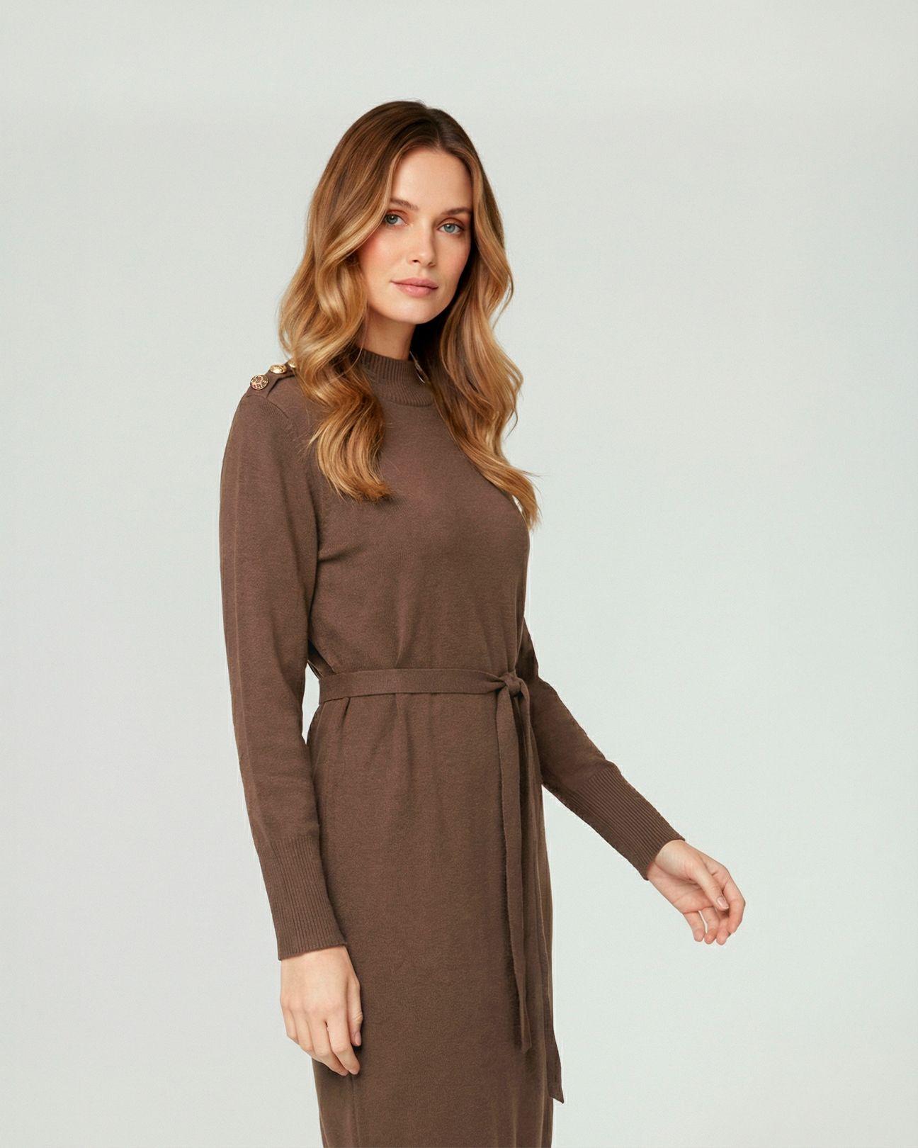 Vestido Mujer Pilar Largo Cuello Medio Alto. Redondo Cierre Sin Cierre Chocolate Lineatre-2