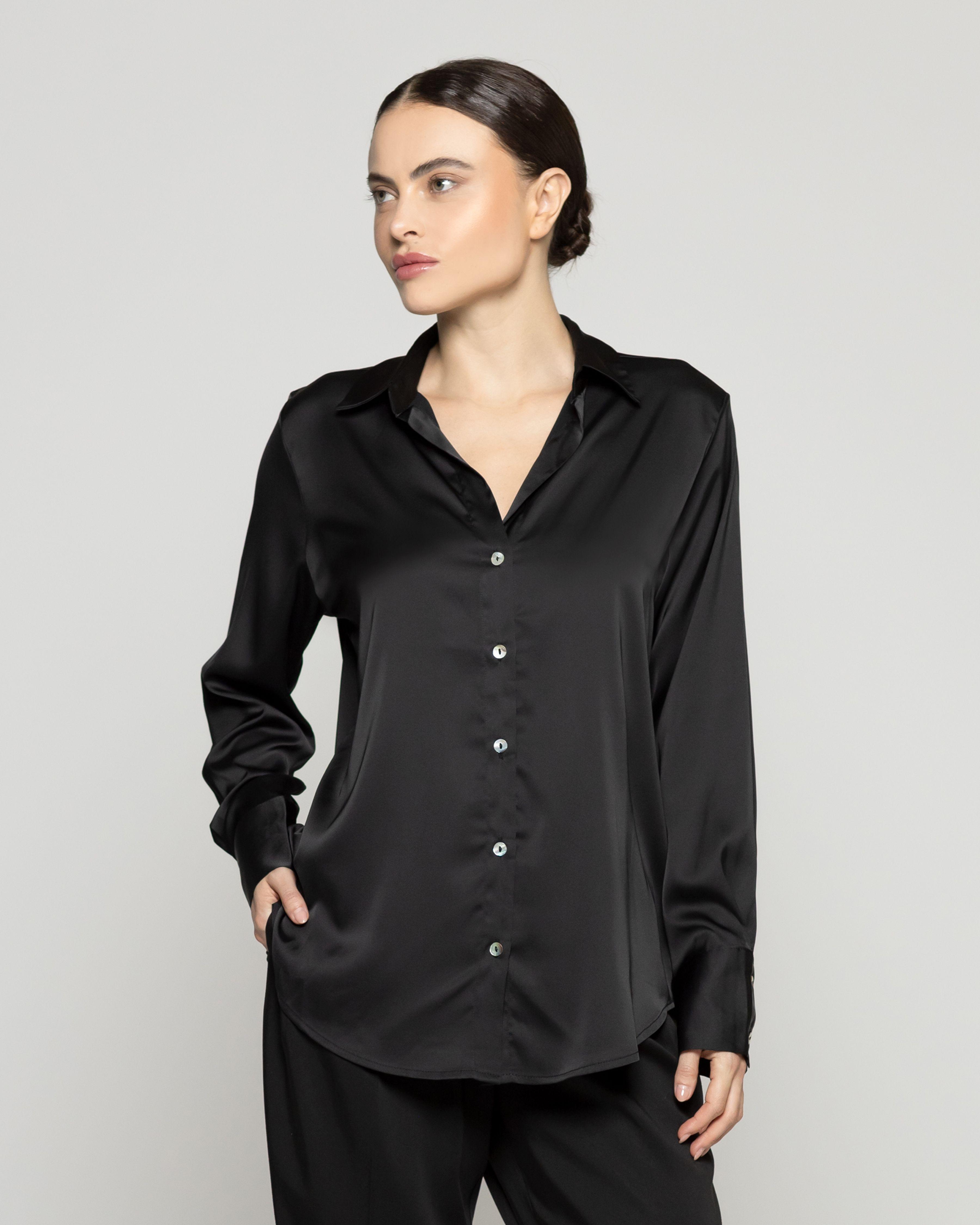 Blusa Mujer Barbarella Tipo Satín Manga Larga Negra Lineatre-0