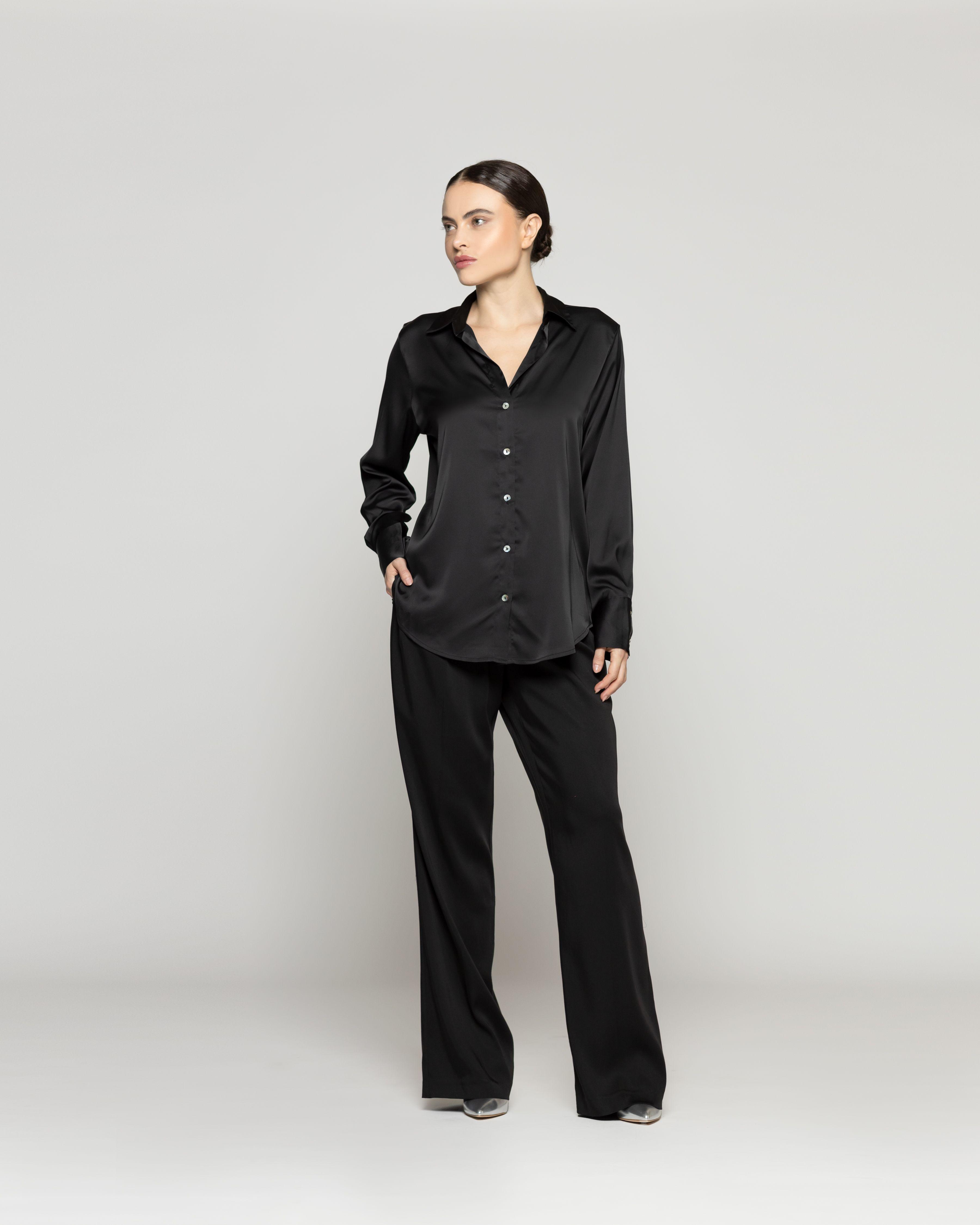 Blusa Mujer Barbarella Tipo Satín Manga Larga Negra Lineatre-4