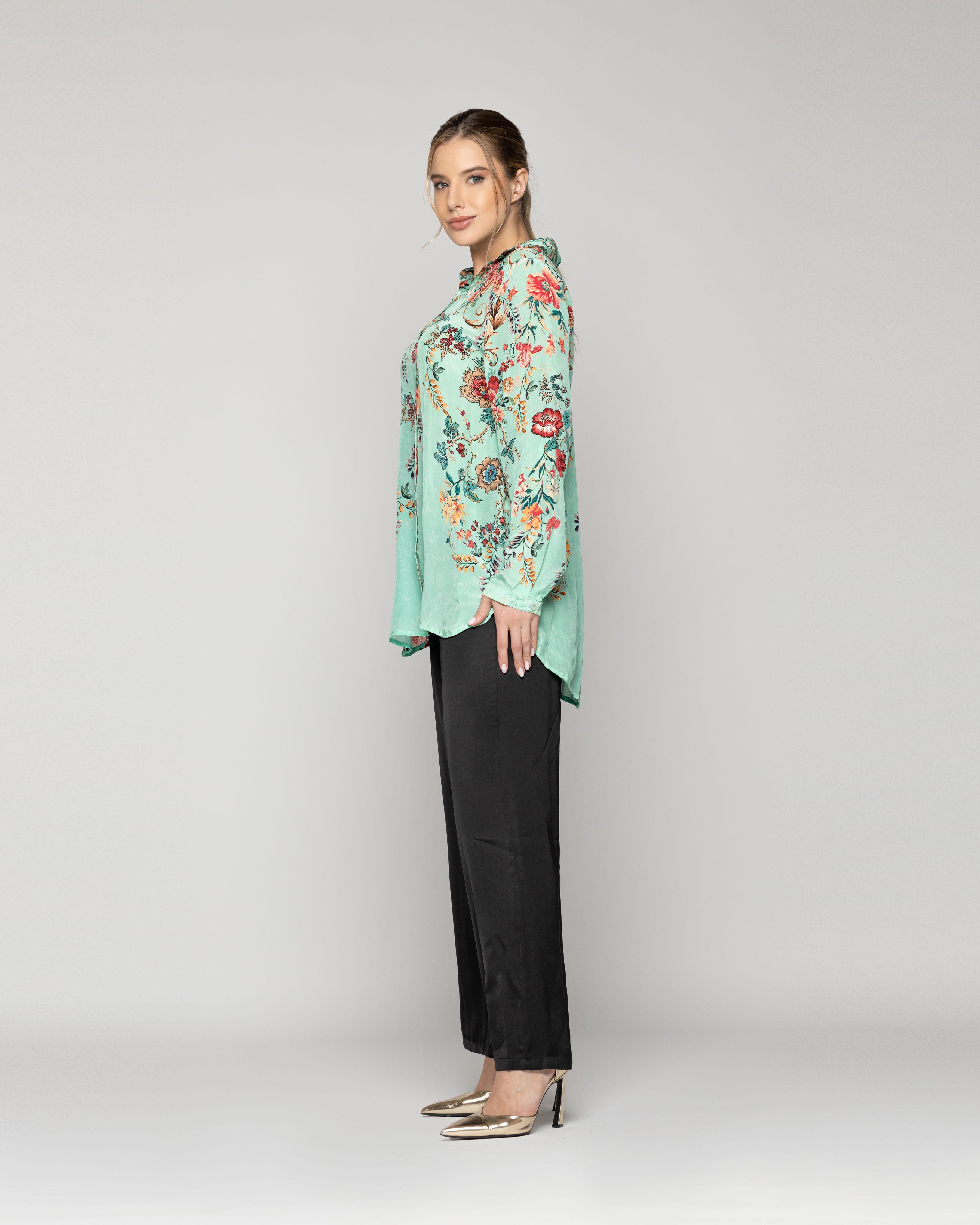 Blusa Mujer Belia Tipo Satín Estampado Flores Celeste  Lineatre-1