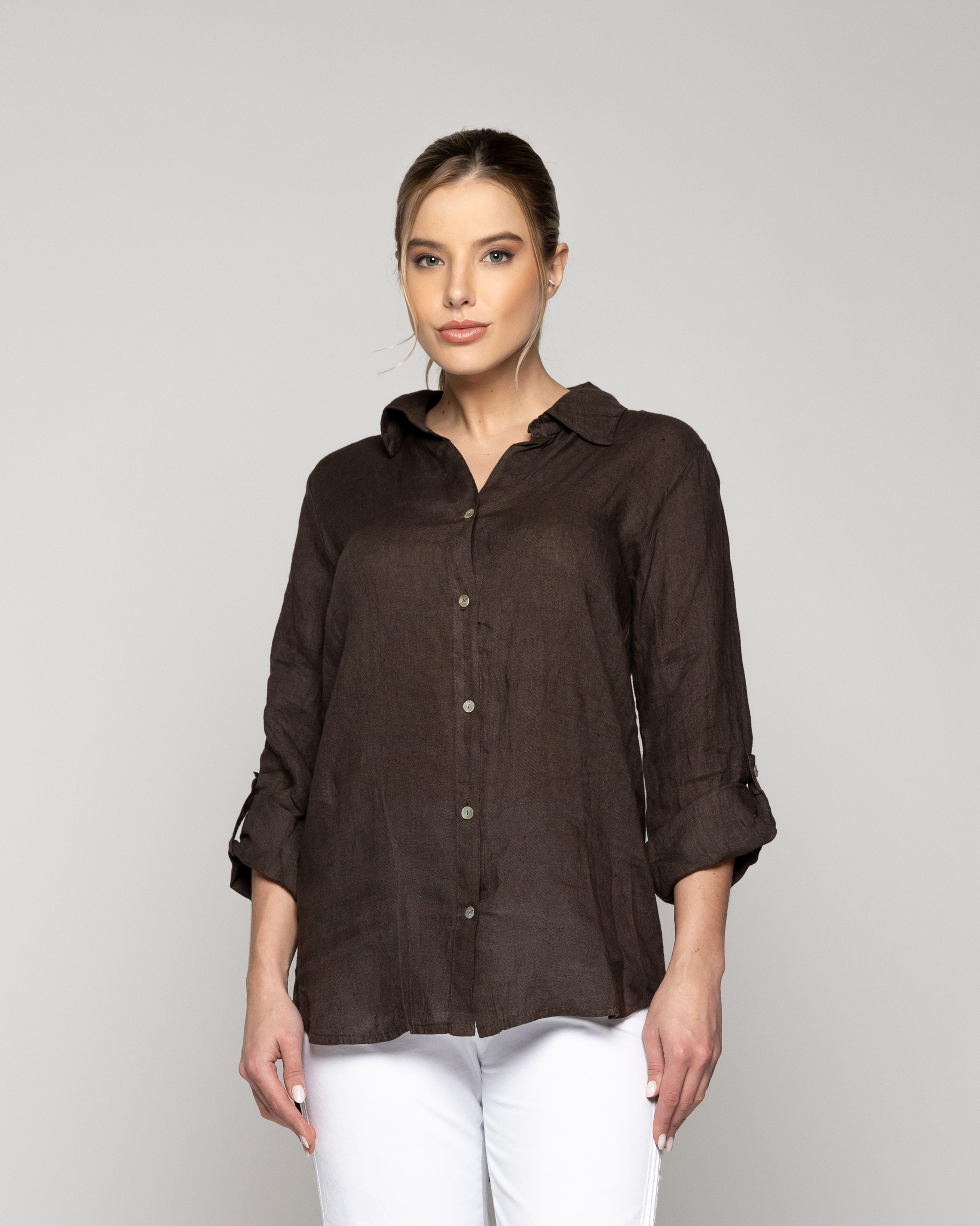 Blusa Mujer Belén Lino Manga Larga Café Moro Lineatre-0