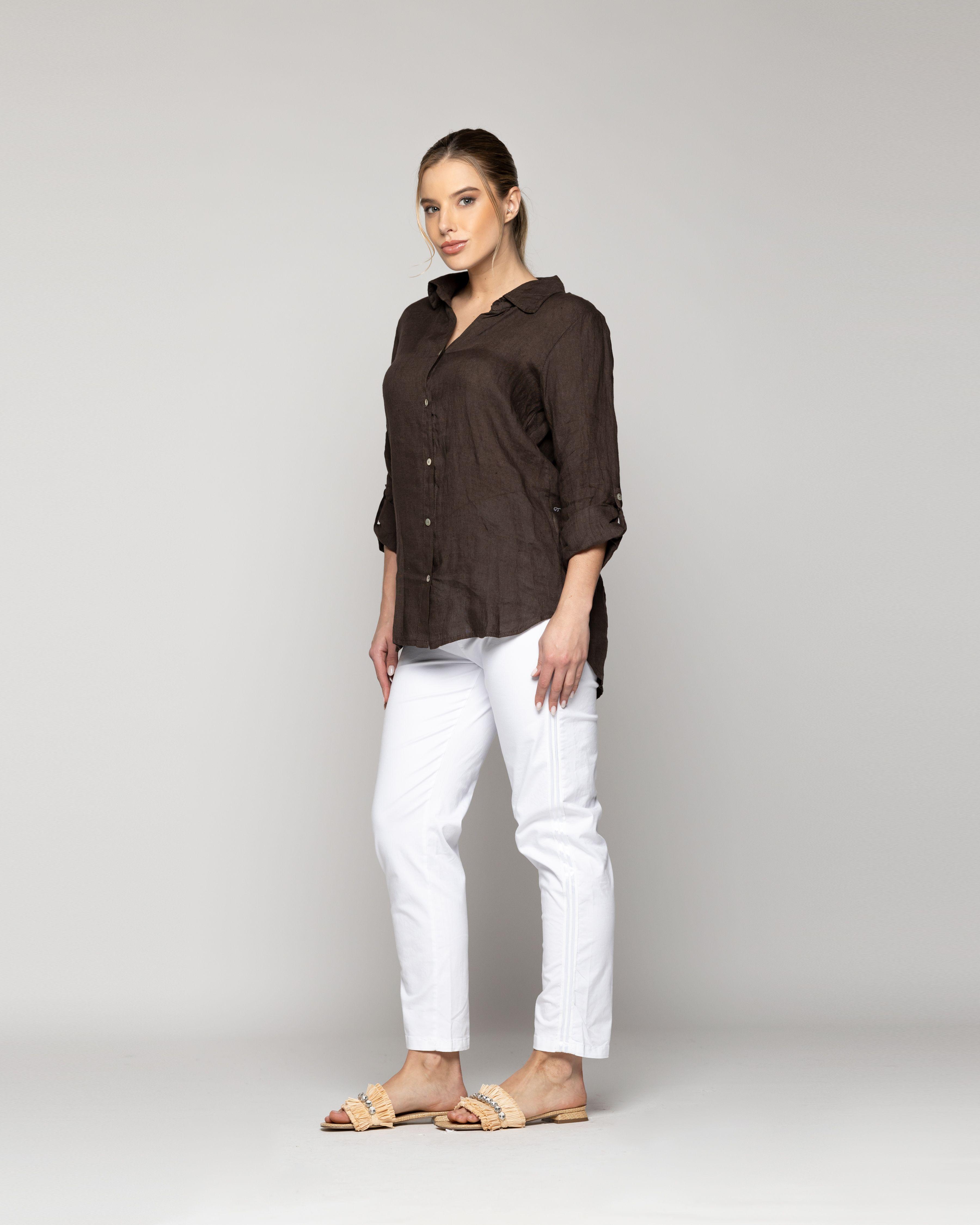 Blusa Mujer Belén Lino Manga Larga Café Moro Lineatre-1