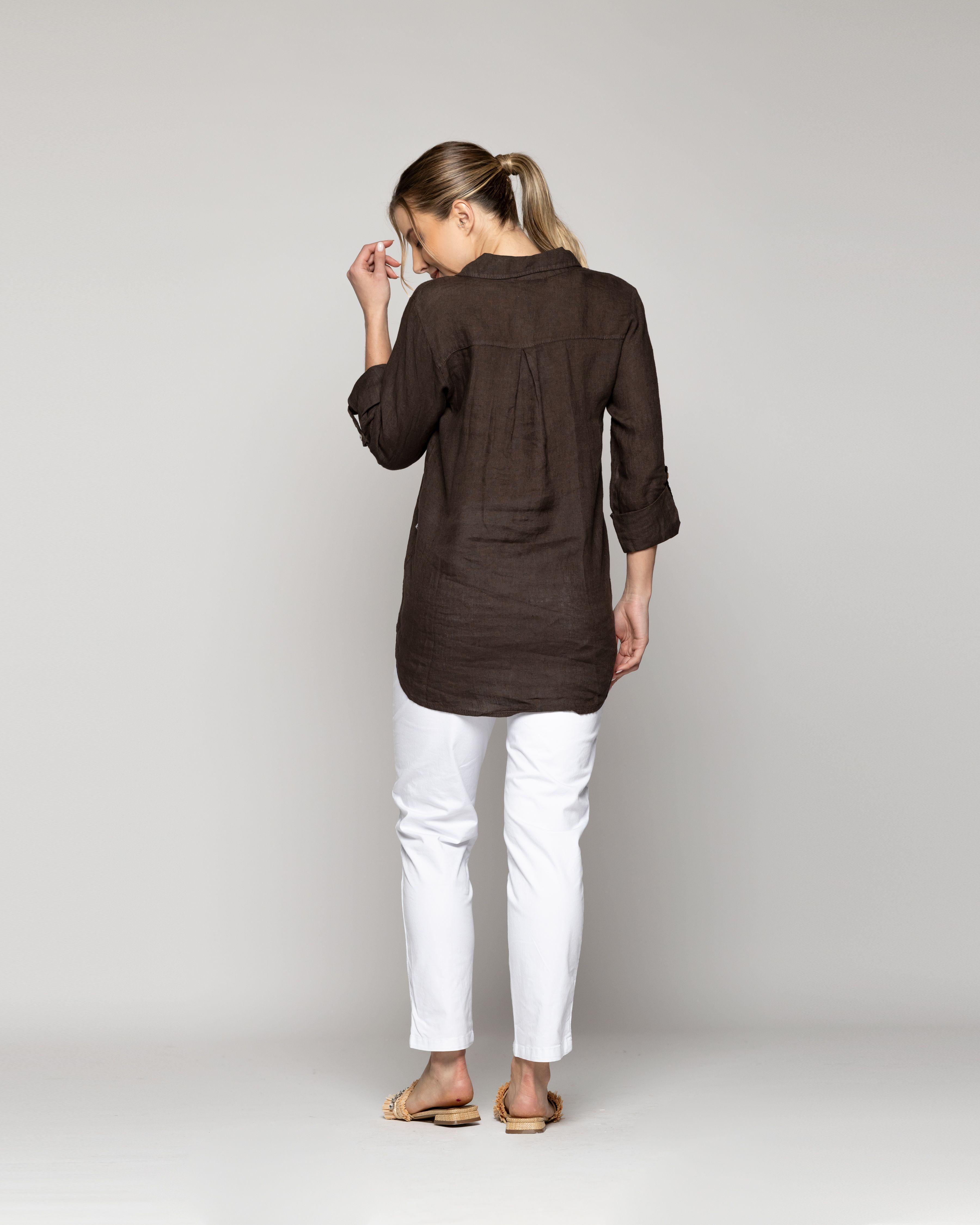 Blusa Mujer Belén Lino Manga Larga Café Moro Lineatre-3