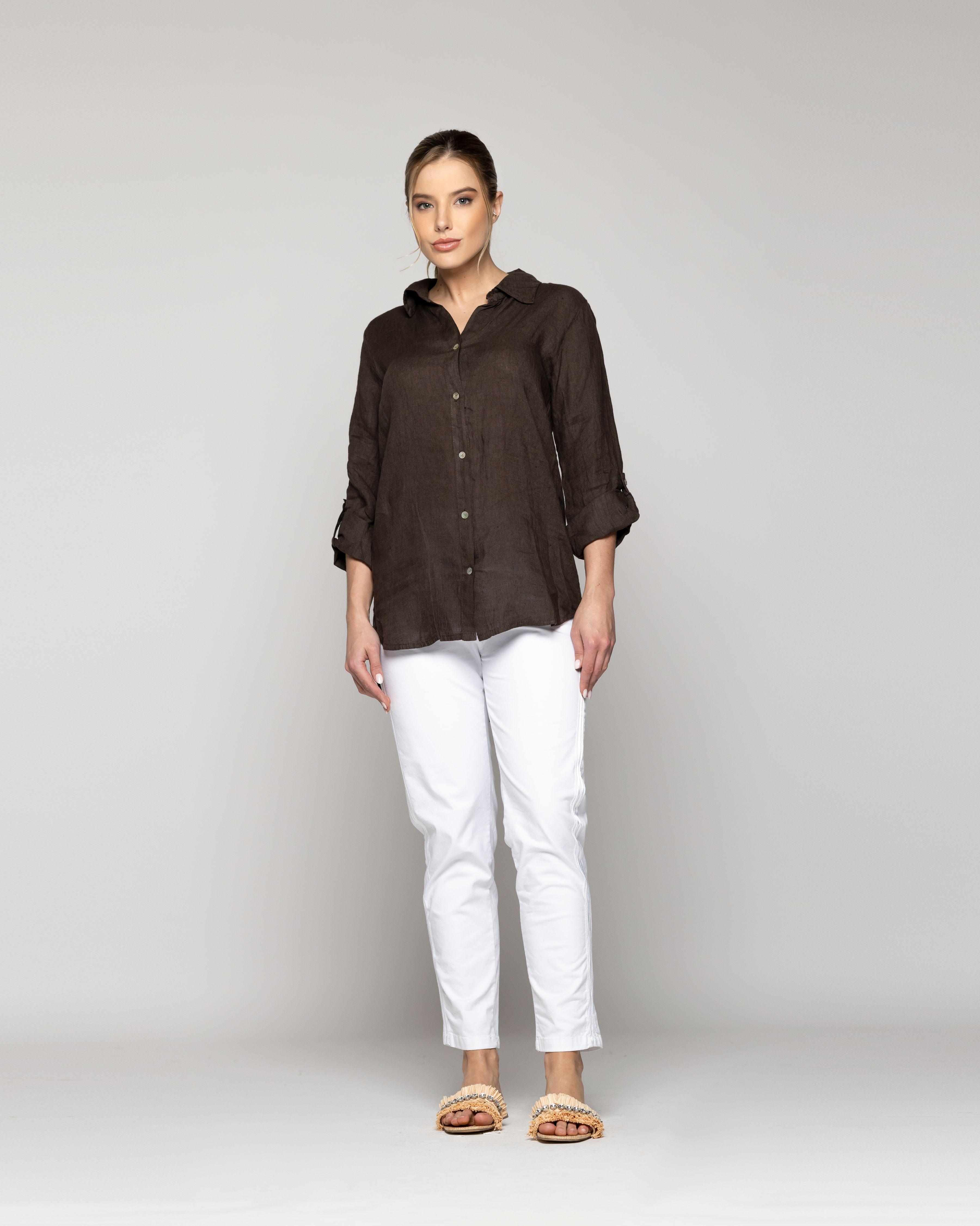 Blusa Mujer Belén Lino Manga Larga Café Moro Lineatre-4