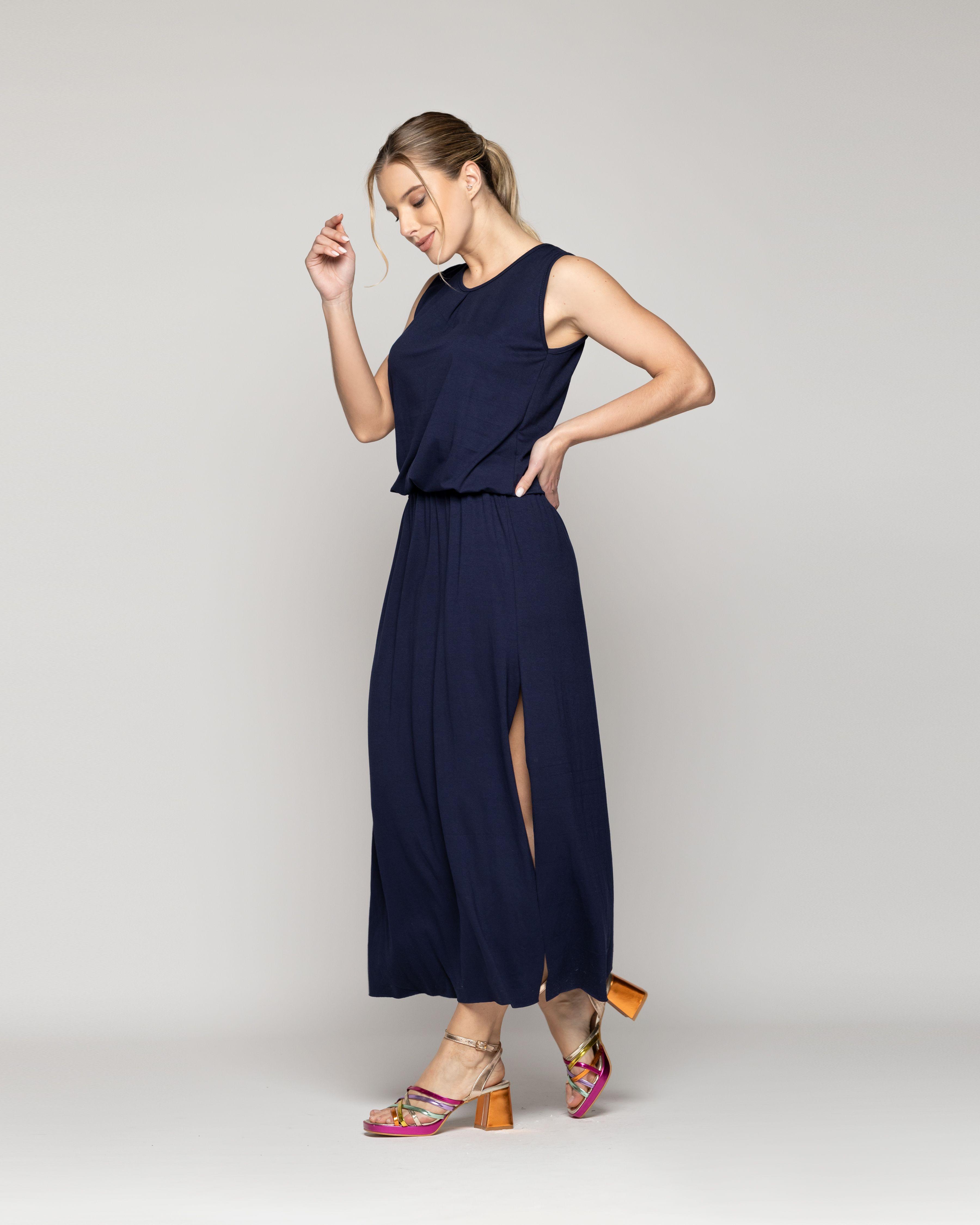 Vestido Mujer Vesper Largo Algodón Azul Lineatre-1