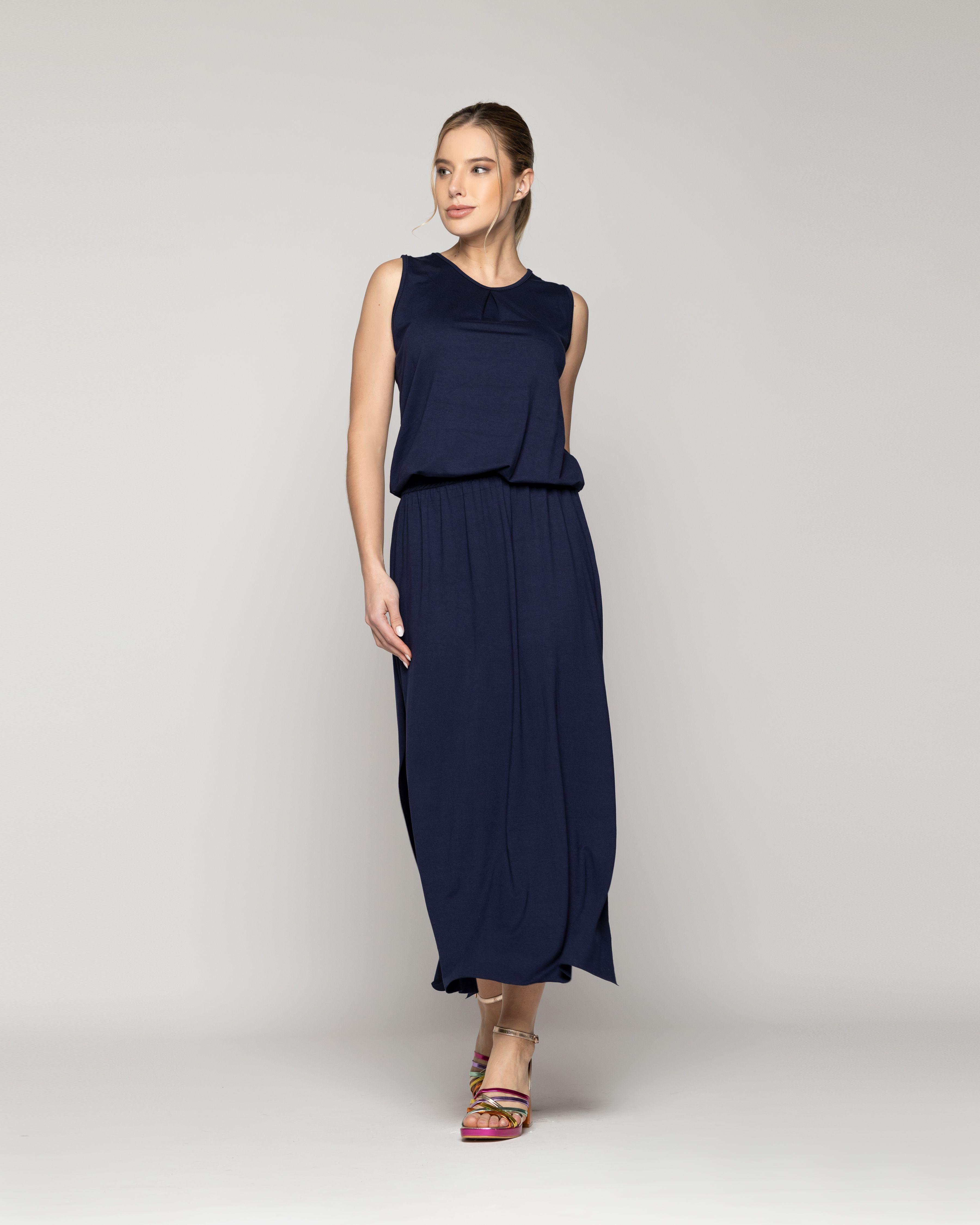 Vestido Mujer Vesper Largo Algodón Azul Lineatre-4
