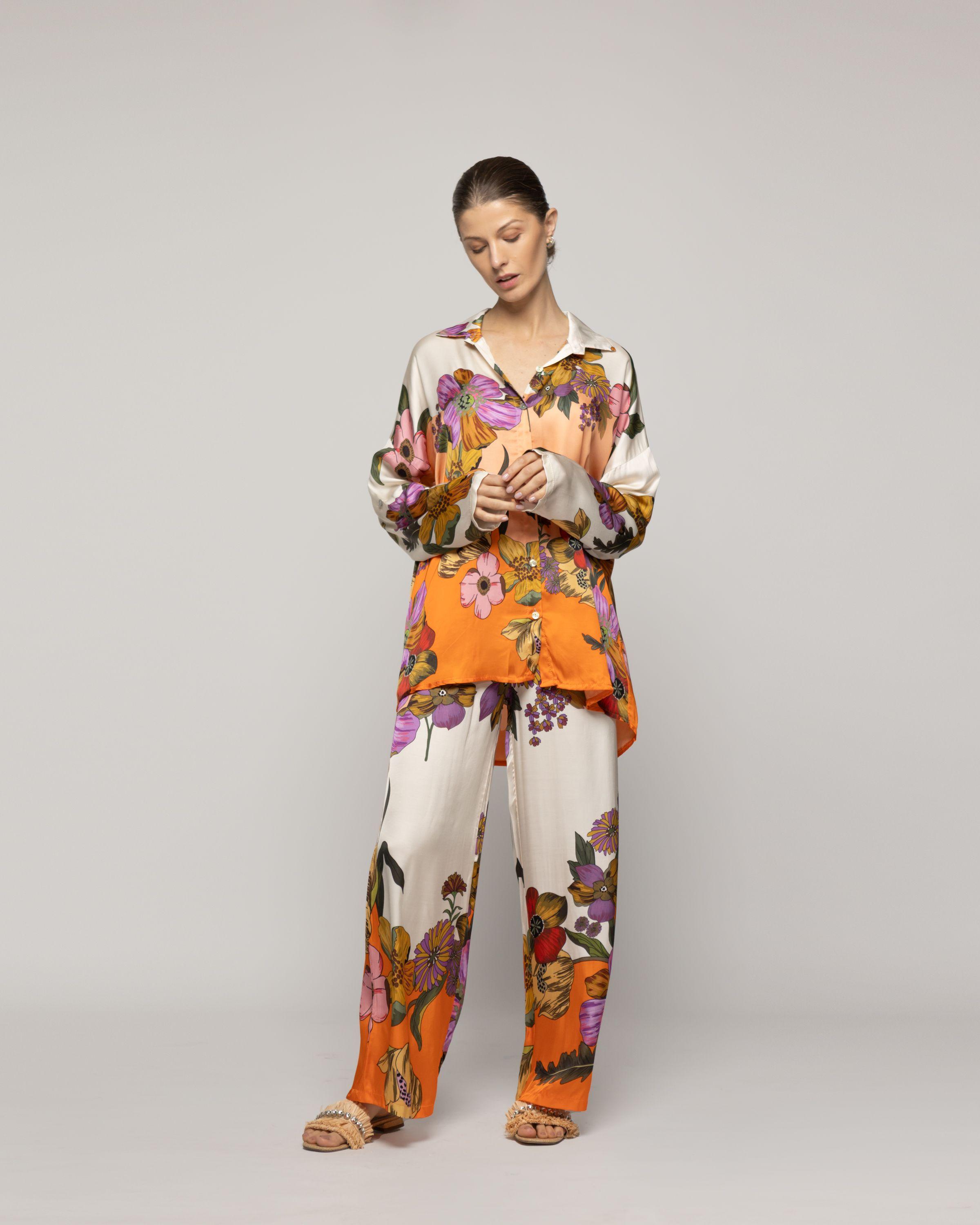 Blusa Mujer Brenna Tipo Satín Estampado Naranja Lineatre-4